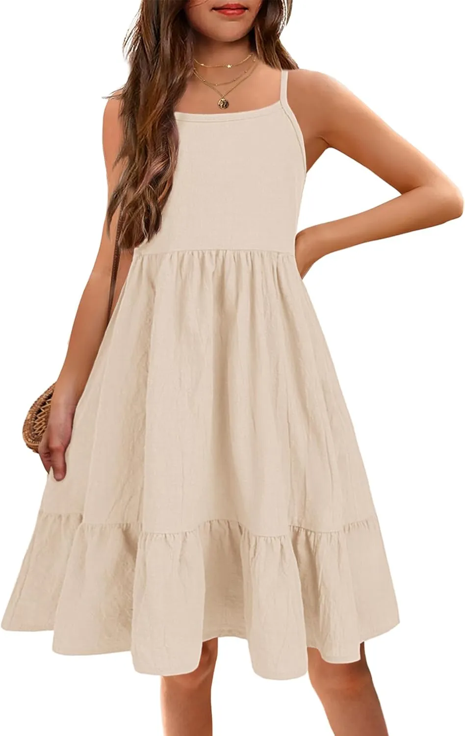 Arshiner Girl's Summer Sundress Spaghetti Strap Solid Linen Midi Dress Casual Cami Dresses