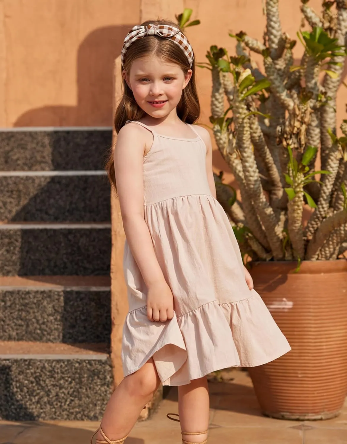 Arshiner Girl's Summer Sundress Spaghetti Strap Solid Linen Midi Dress Casual Cami Dresses