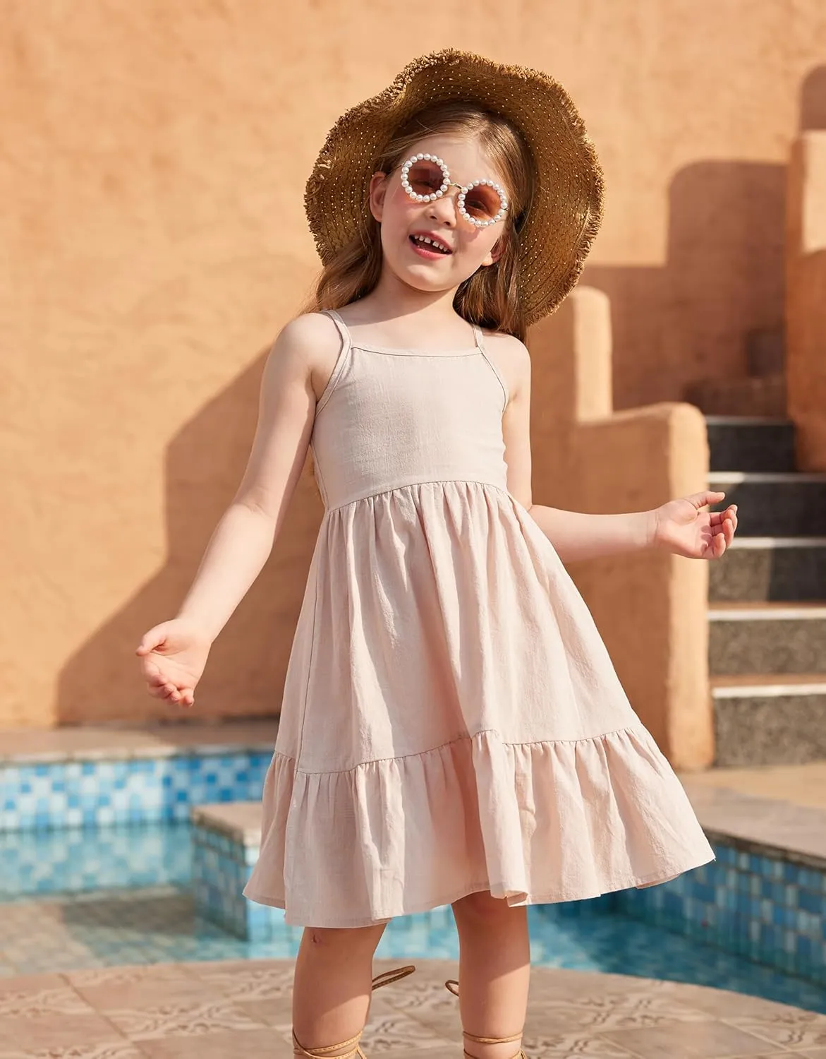 Arshiner Girl's Summer Sundress Spaghetti Strap Solid Linen Midi Dress Casual Cami Dresses
