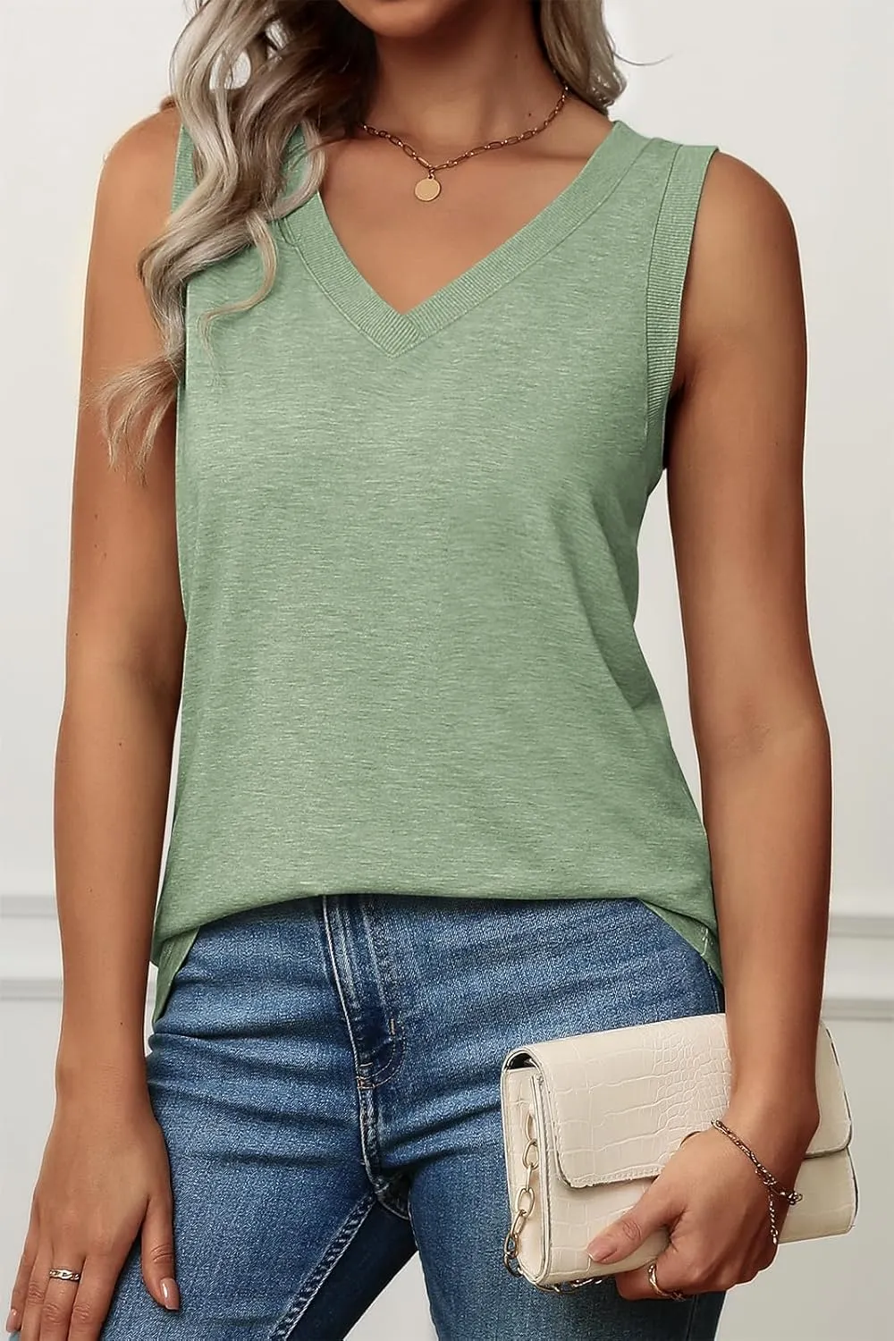 ATHMILE Women Summer V Neck Tank Top Sleeveless Spring Tee Beach Vacation Tops