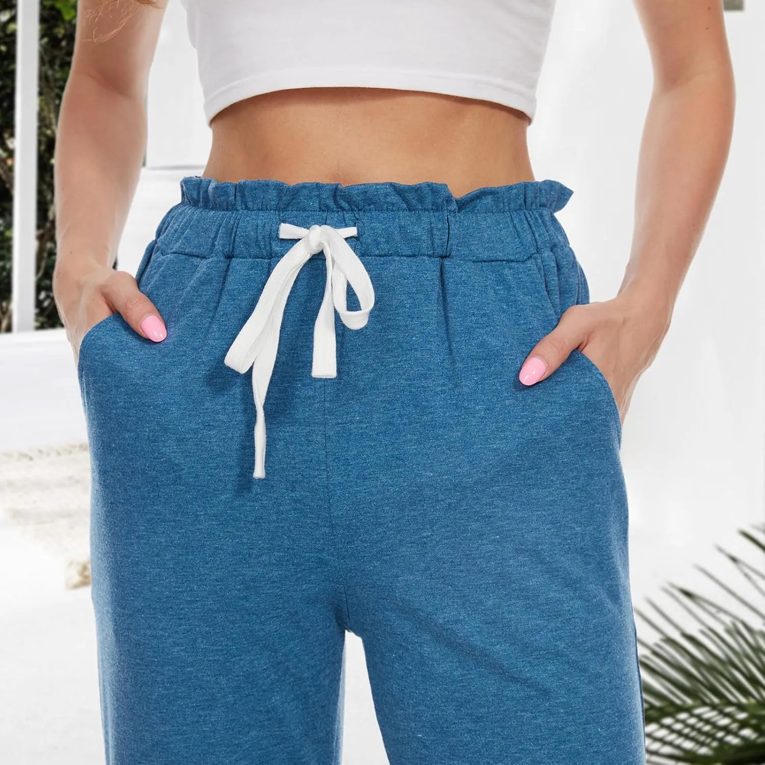 BATHRINS Women's Drawstring High Waisted Straight Long Trousers Pants with Pockets