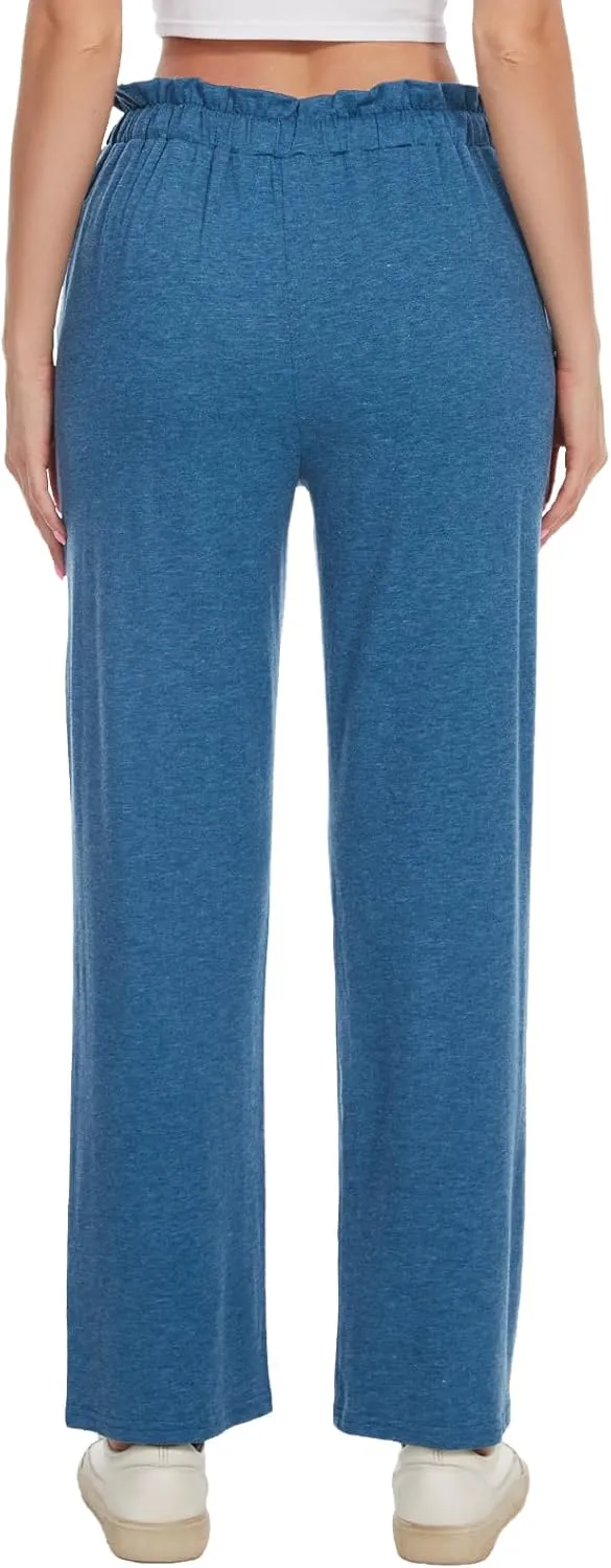 BATHRINS Women's Drawstring High Waisted Straight Long Trousers Pants with Pockets