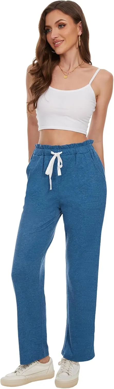 BATHRINS Women's Drawstring High Waisted Straight Long Trousers Pants with Pockets