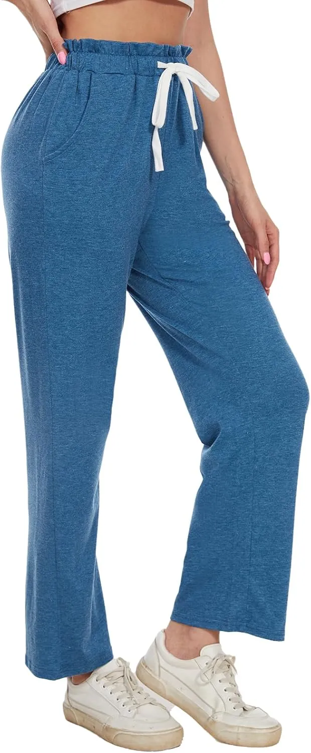 BATHRINS Women's Drawstring High Waisted Straight Long Trousers Pants with Pockets