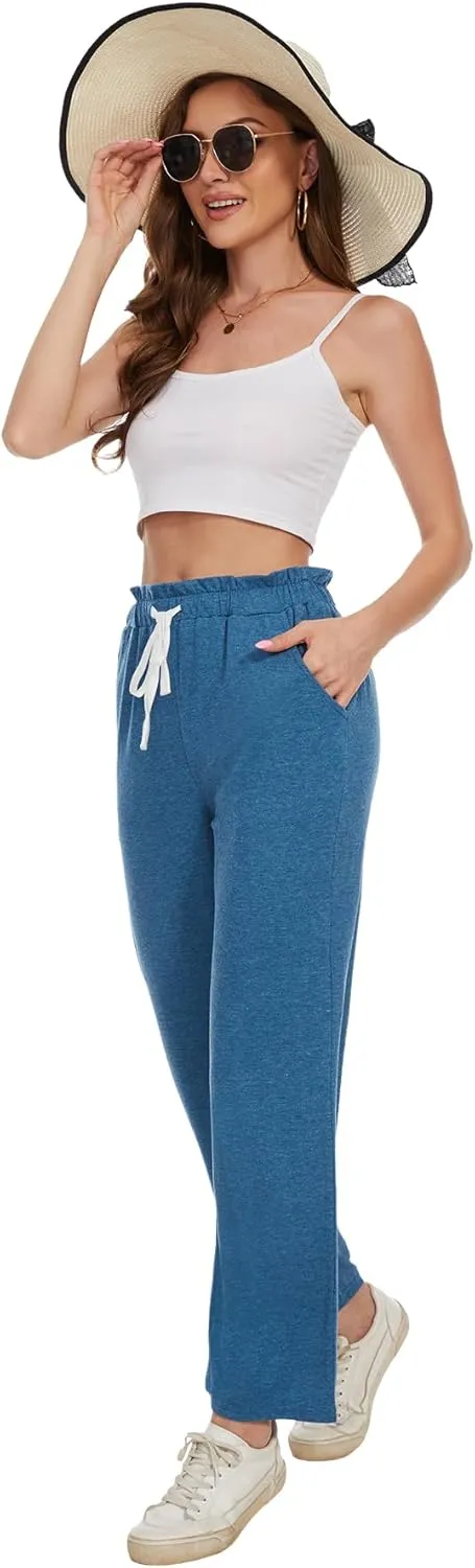 BATHRINS Women's Drawstring High Waisted Straight Long Trousers Pants with Pockets