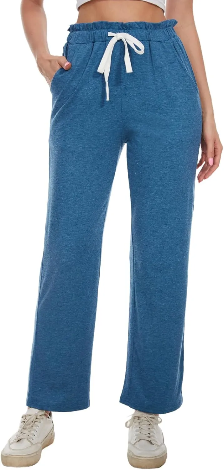 BATHRINS Women's Drawstring High Waisted Straight Long Trousers Pants with Pockets