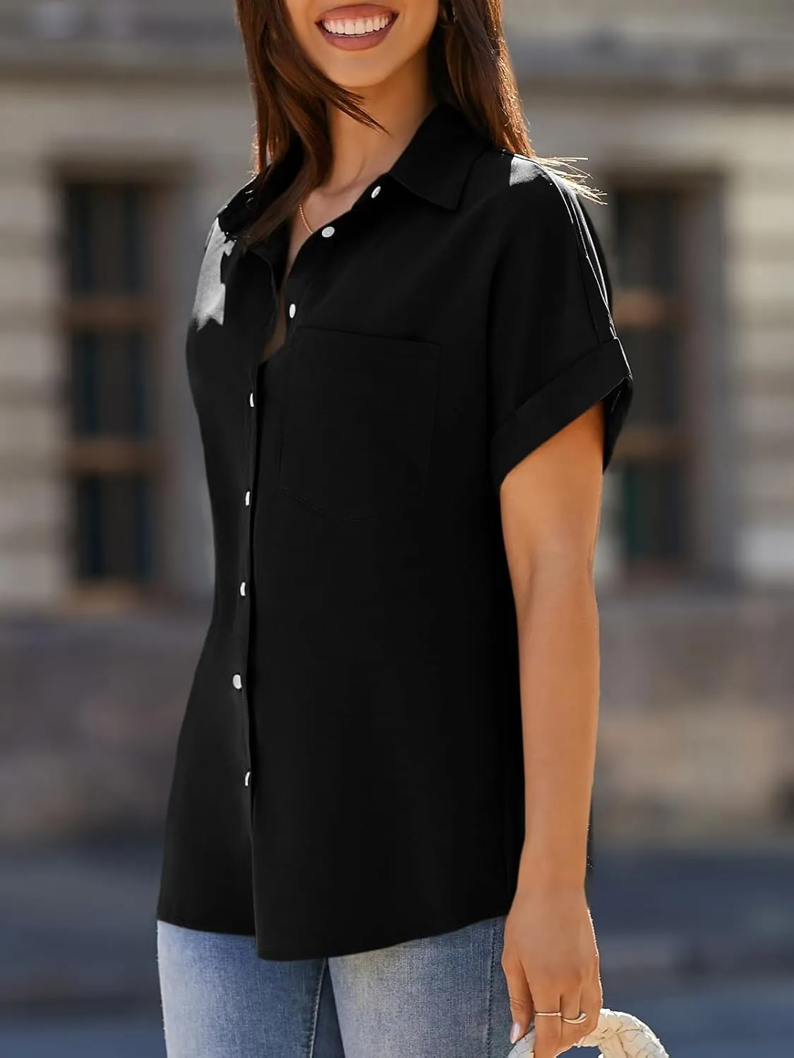 Beautife Womens Short Sleeve Shirts V Neck Collared Button Down Shirt Tops with Pockets