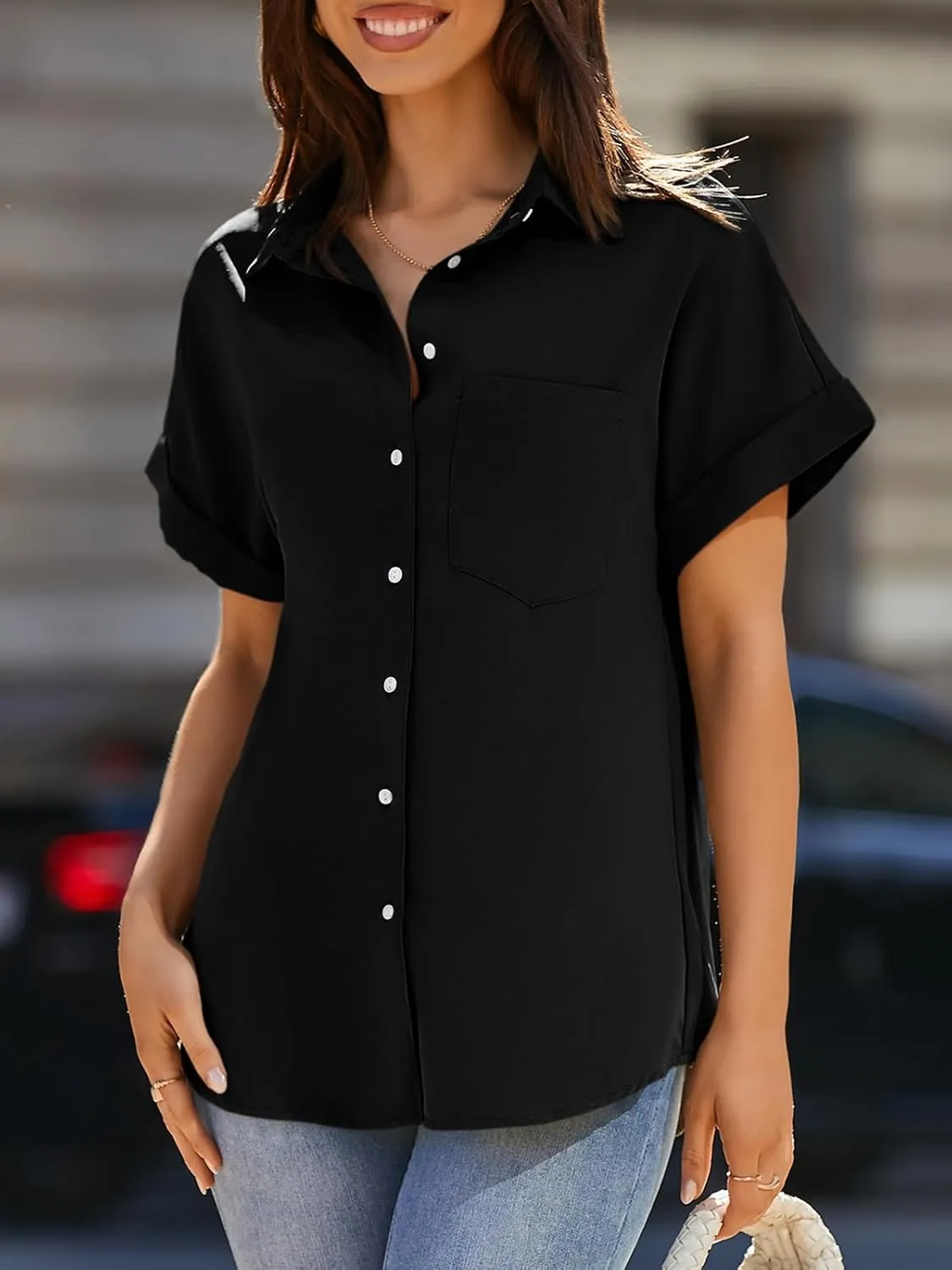 Beautife Womens Short Sleeve Shirts V Neck Collared Button Down Shirt Tops with Pockets