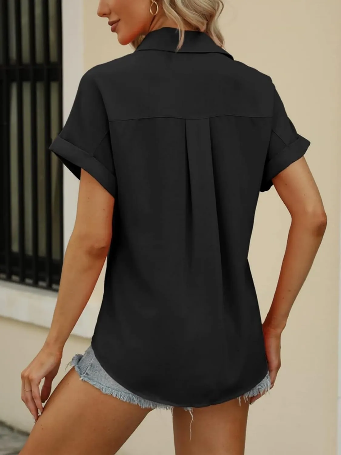 Beautife Womens Short Sleeve Shirts V Neck Collared Button Down Shirt Tops with Pockets