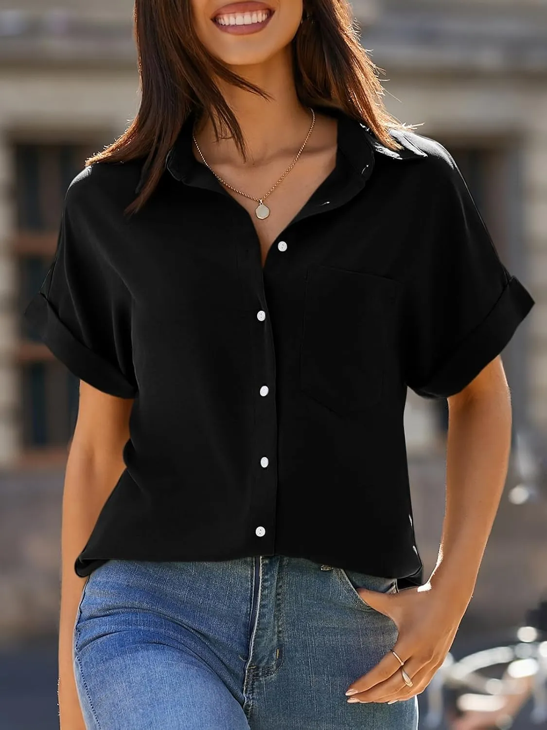 Beautife Womens Short Sleeve Shirts V Neck Collared Button Down Shirt Tops with Pockets