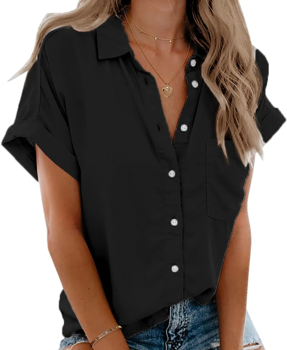 Beautife Womens Short Sleeve Shirts V Neck Collared Button Down Shirt Tops with Pockets
