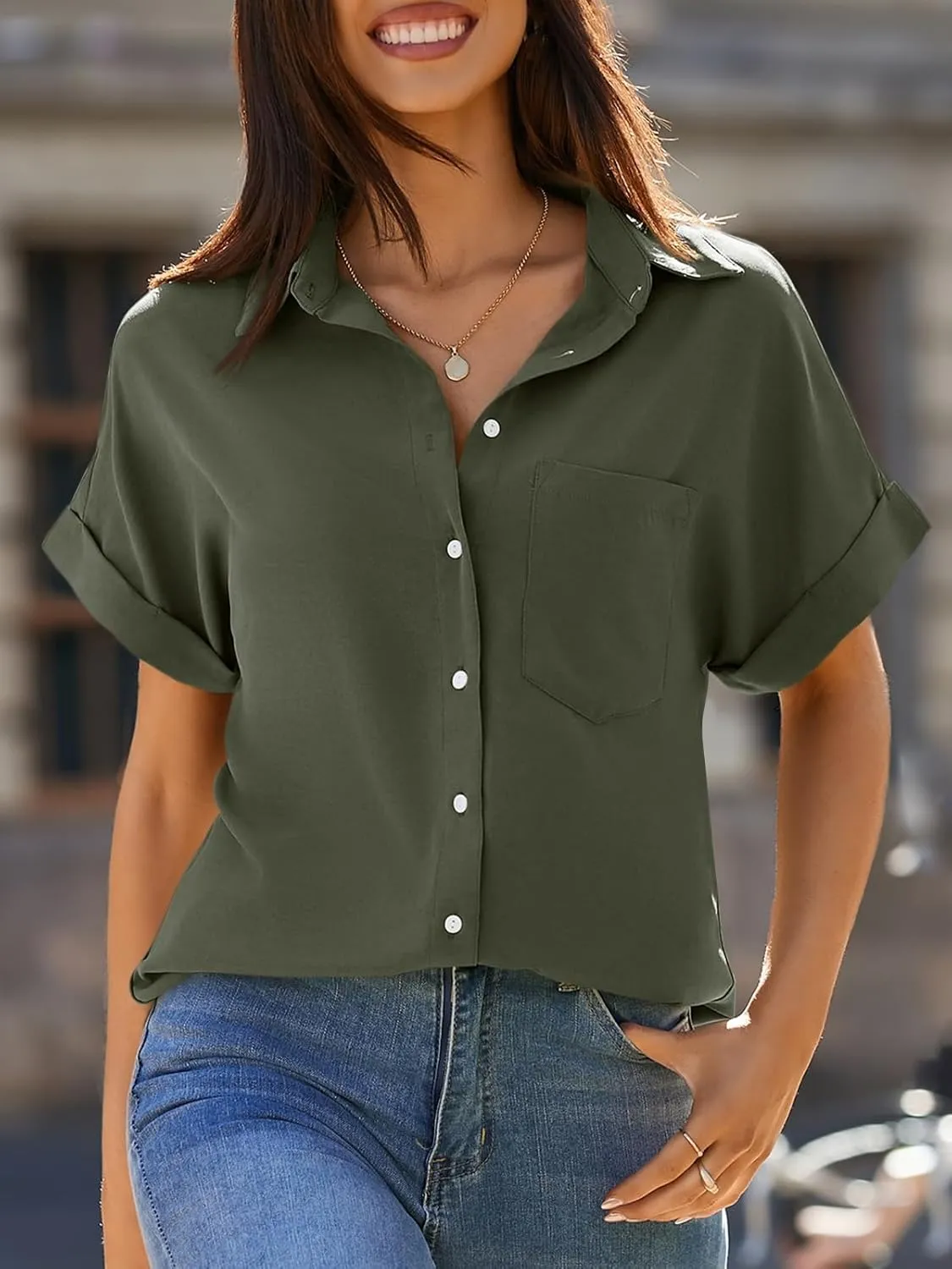 Beautife Womens Short Sleeve Shirts V Neck Collared Button Down Shirt Tops with Pockets