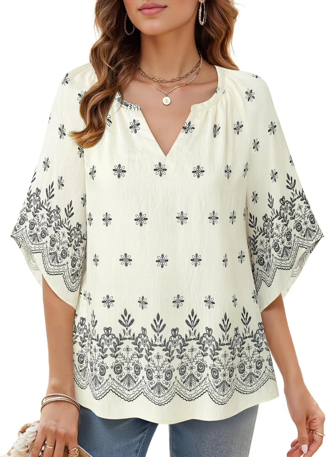 Bebonnie Womens 3/4 Sleeve V Neck Bohemian Peasant Blouses Casual Loose Fit Tunic Tops