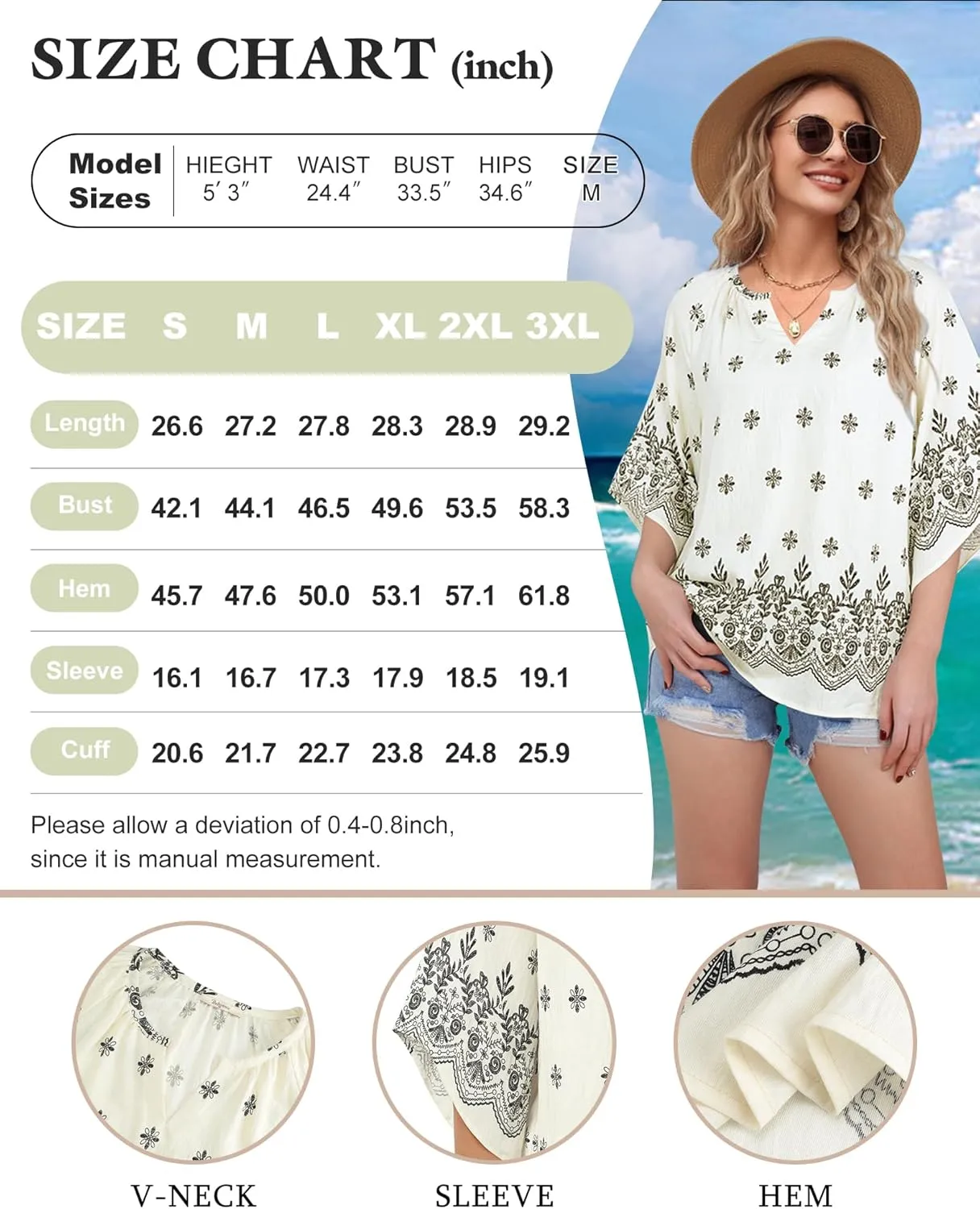 Bebonnie Womens 3/4 Sleeve V Neck Bohemian Peasant Blouses Casual Loose Fit Tunic Tops