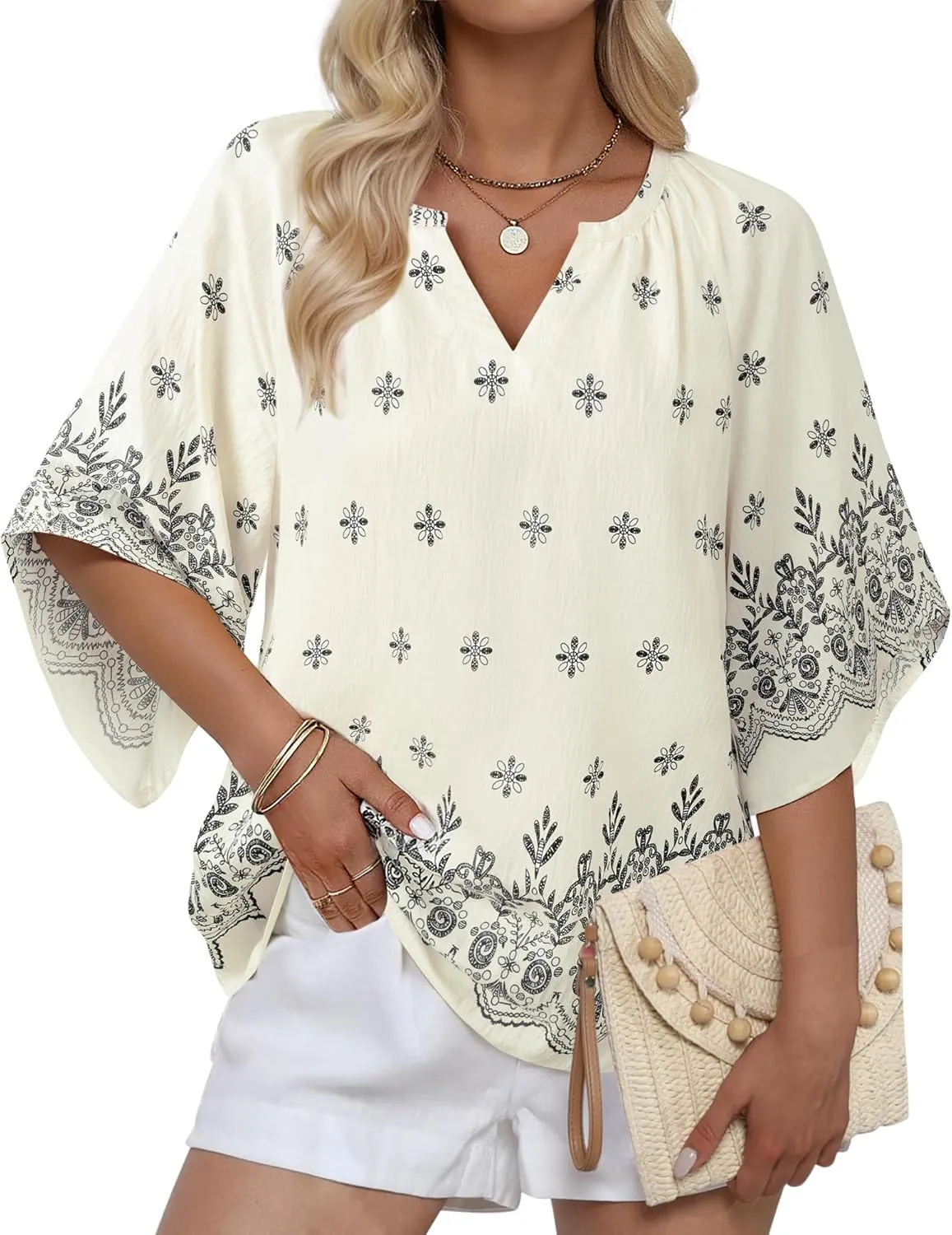 Bebonnie Womens 3/4 Sleeve V Neck Bohemian Peasant Blouses Casual Loose Fit Tunic Tops