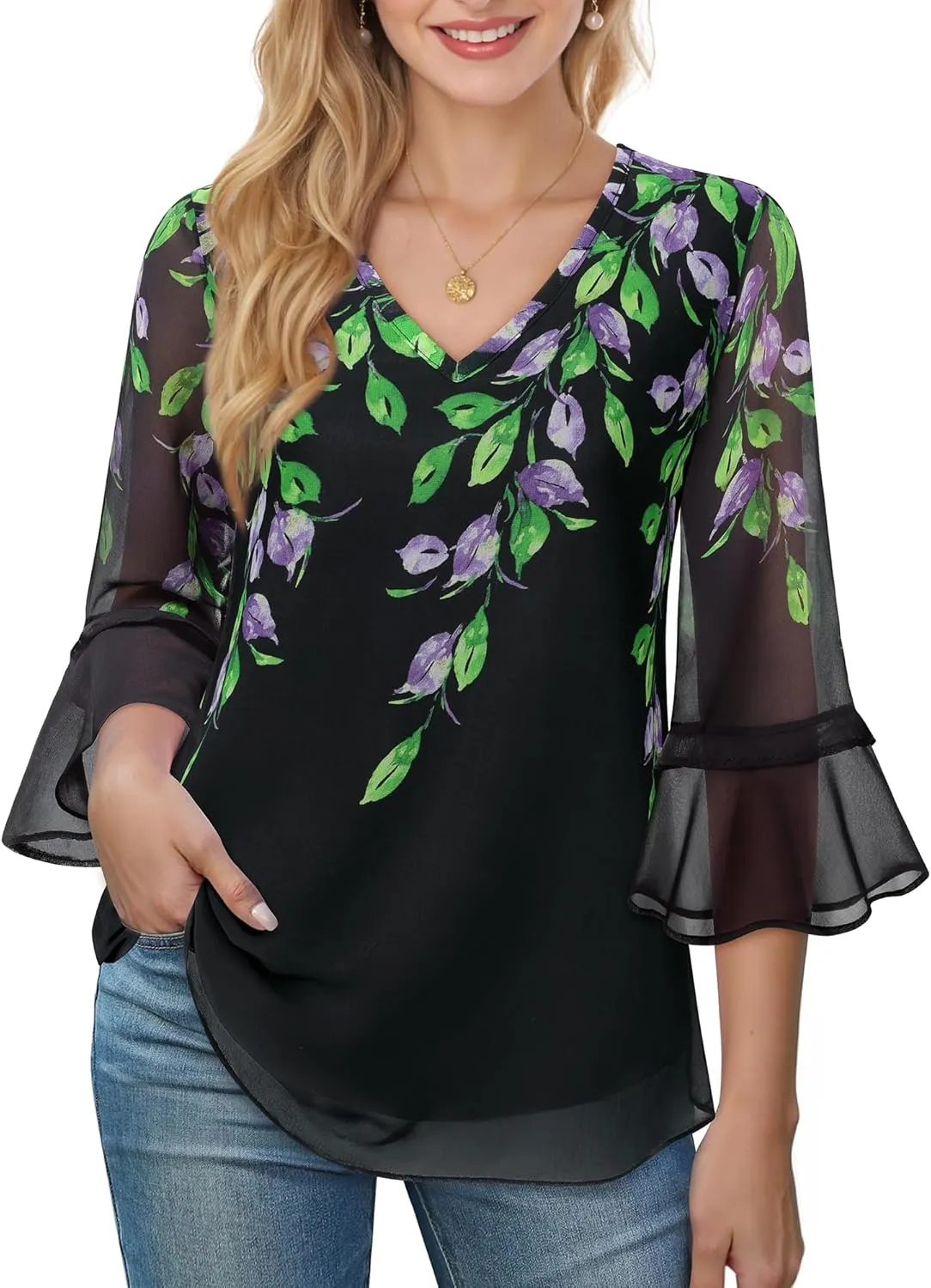 Bebonnie Womens Dressy Casual Tops Ruffle 3/4 Sleeve V Neck Floral Chiffon Blouses
