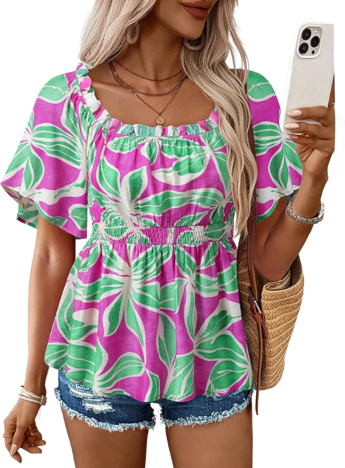 Bebonnie Women's Summer Off The Shoulder Short Sleeve Chiffon Blouse Ruffle Hem Tops