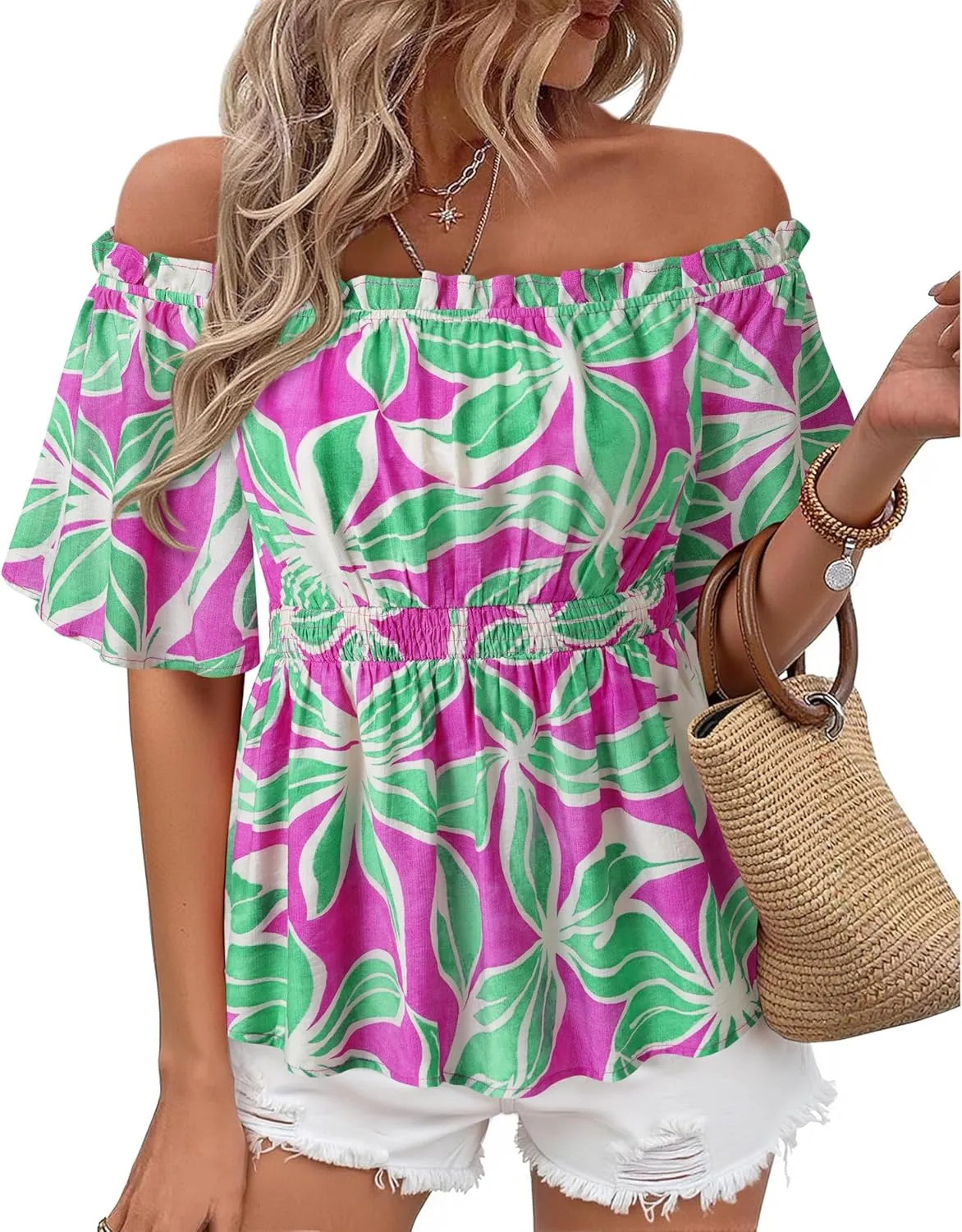 Bebonnie Women's Summer Off The Shoulder Short Sleeve Chiffon Blouse Ruffle Hem Tops