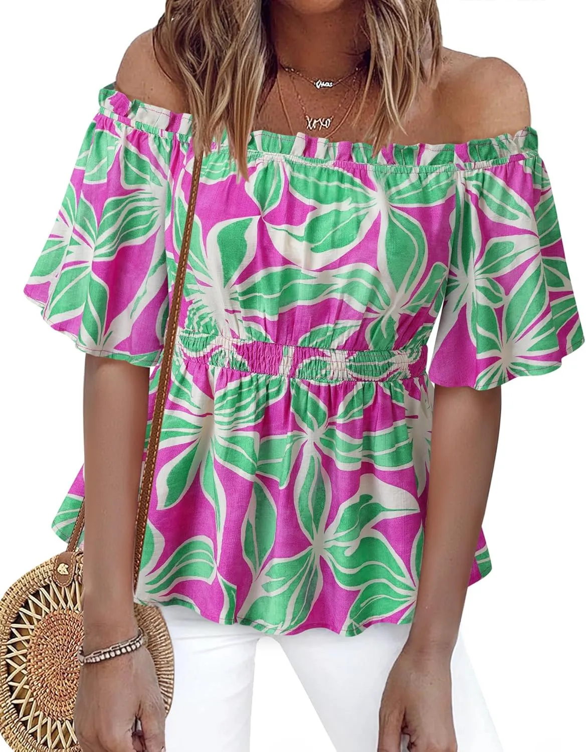 Bebonnie Women's Summer Off The Shoulder Short Sleeve Chiffon Blouse Ruffle Hem Tops