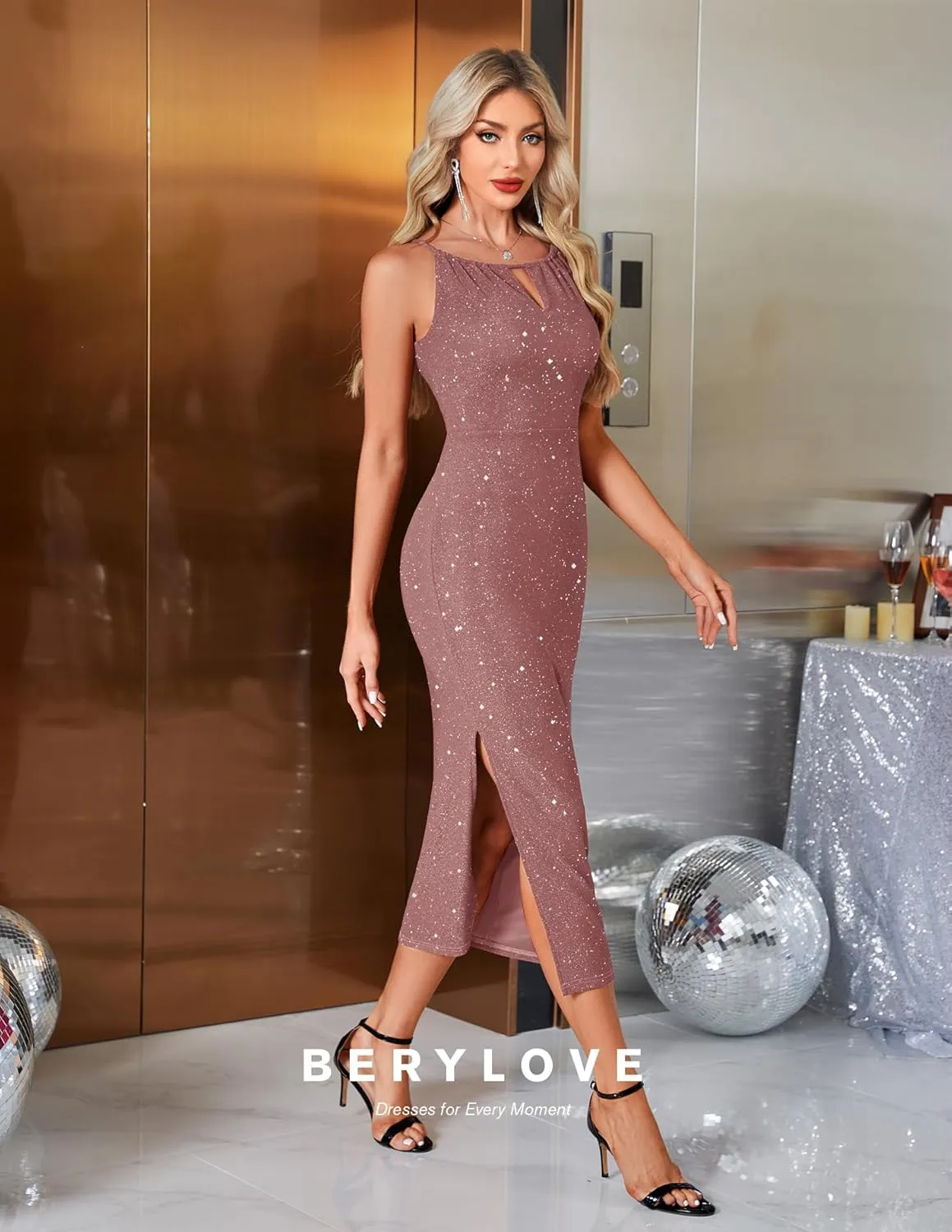 BeryLove Cocktail Formal Sequin Prom Wedding Guest Glitter Sparkly Long Dress