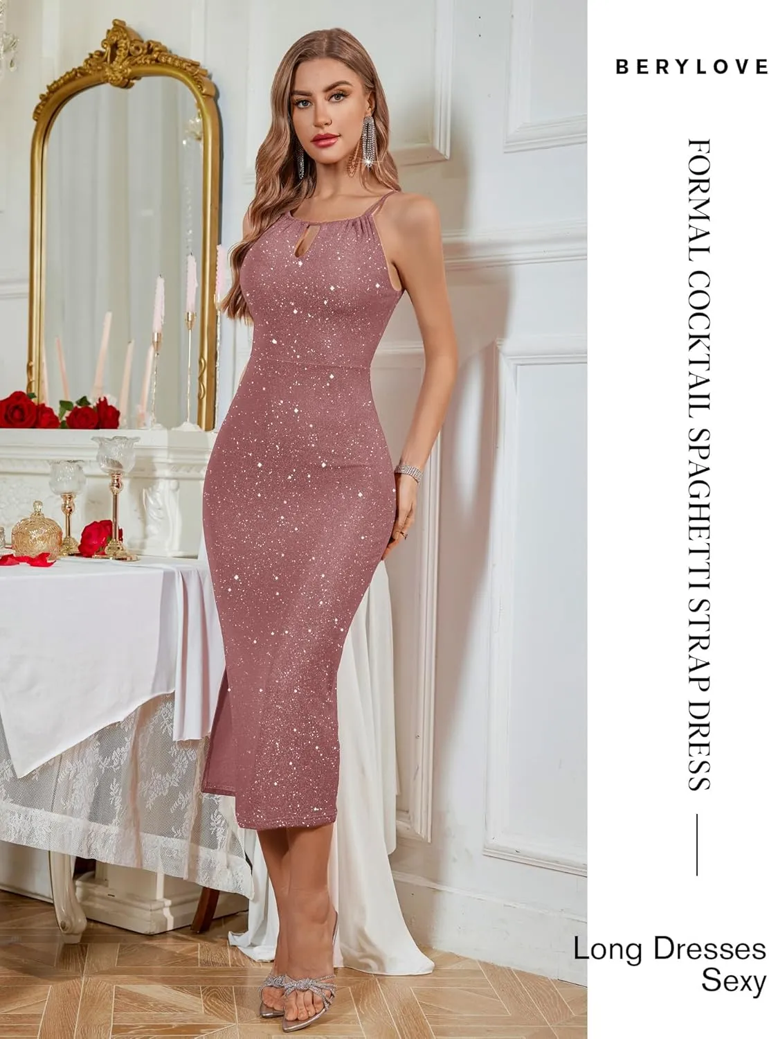 BeryLove Cocktail Formal Sequin Prom Wedding Guest Glitter Sparkly Long Dress