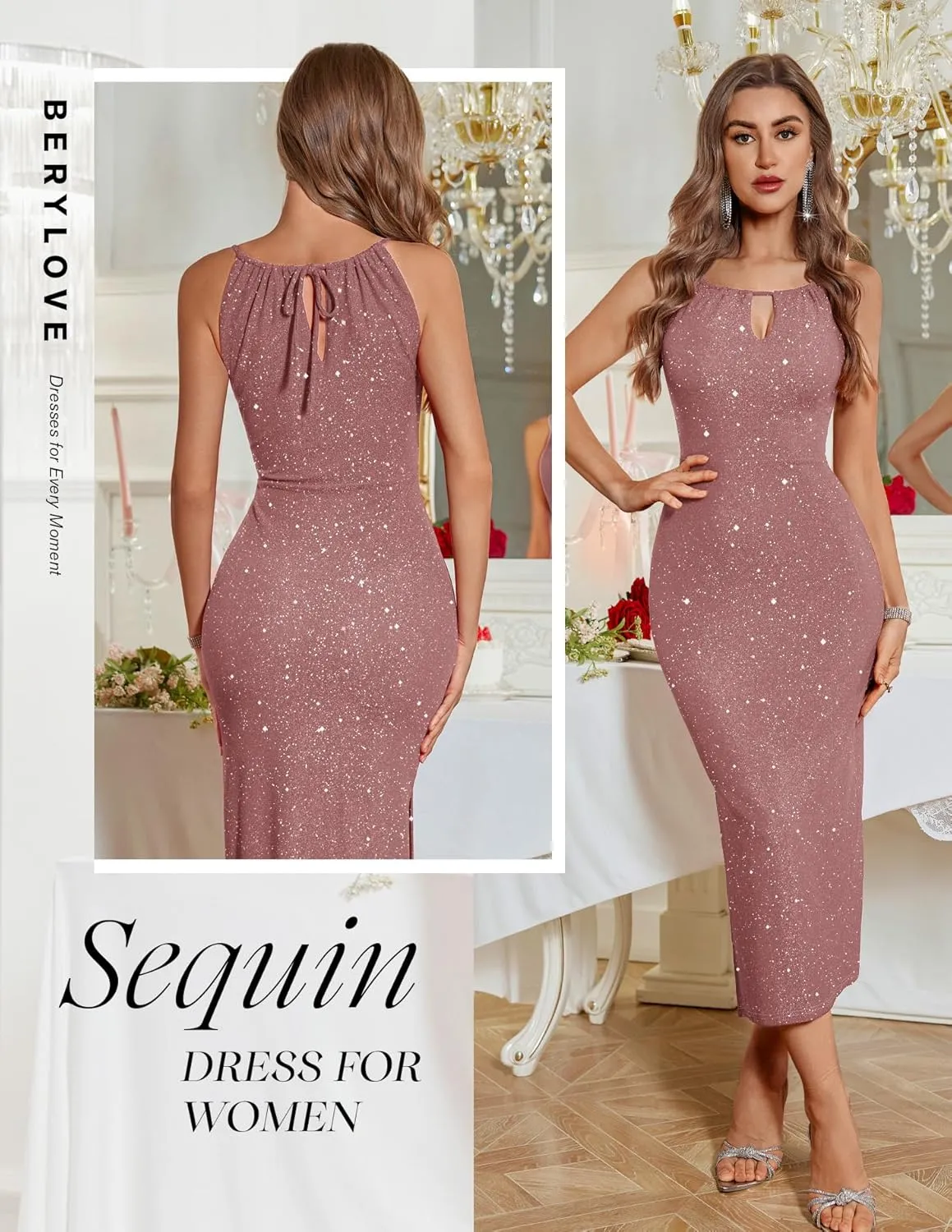 BeryLove Cocktail Formal Sequin Prom Wedding Guest Glitter Sparkly Long Dress