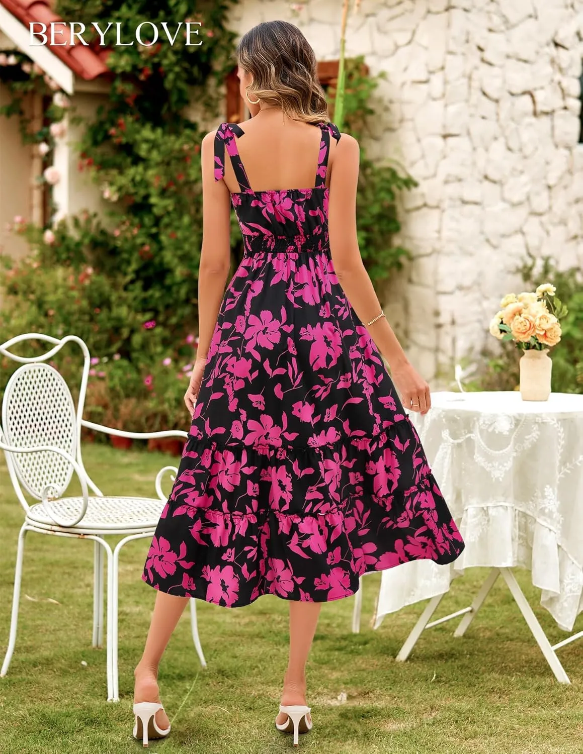 BeryLove Women's Floral Sundresses 2025 Spaghetti Strap Summer Midi Wedding Guest Dress
