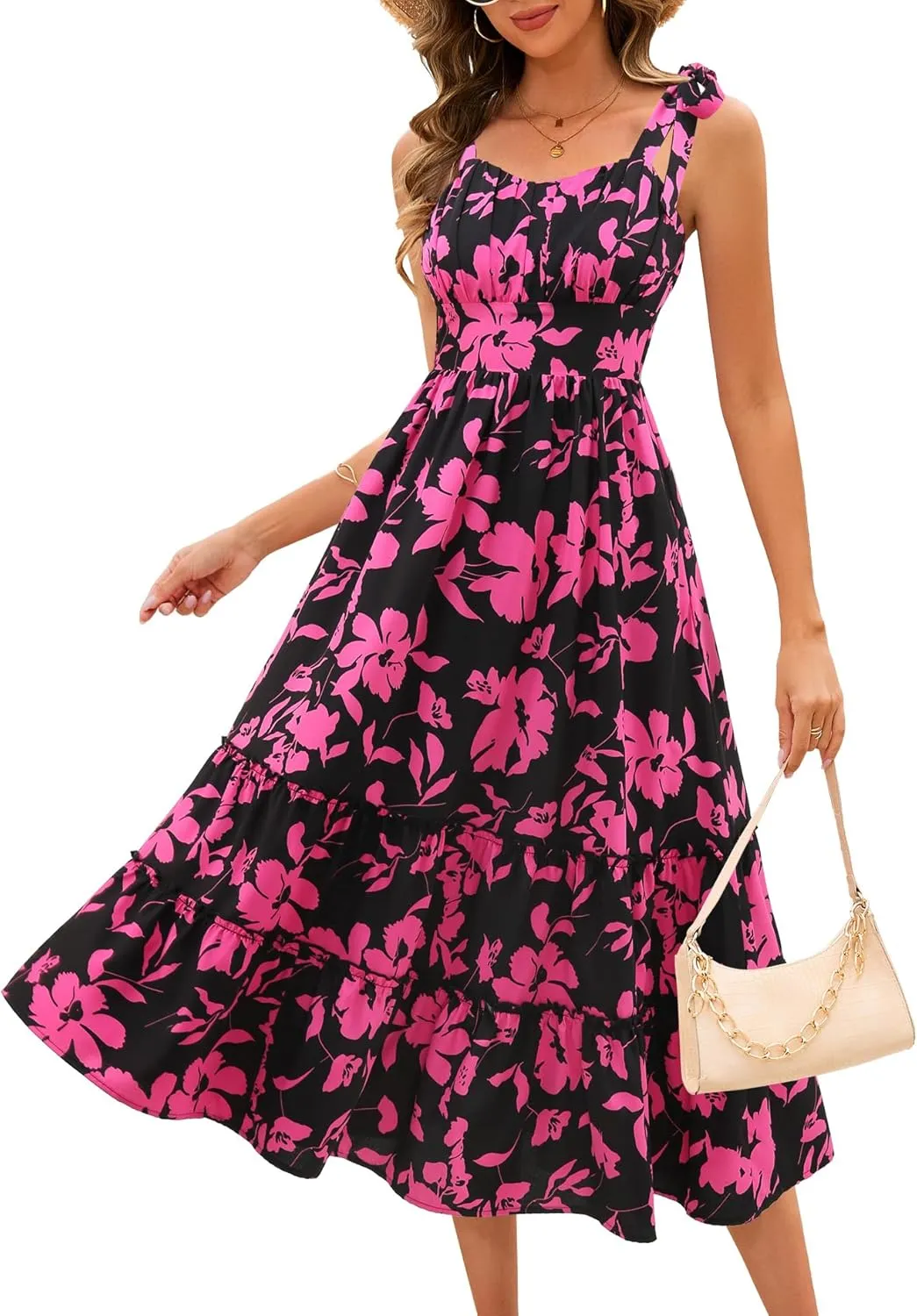 BeryLove Women's Floral Sundresses 2025 Spaghetti Strap Summer Midi Wedding Guest Dress