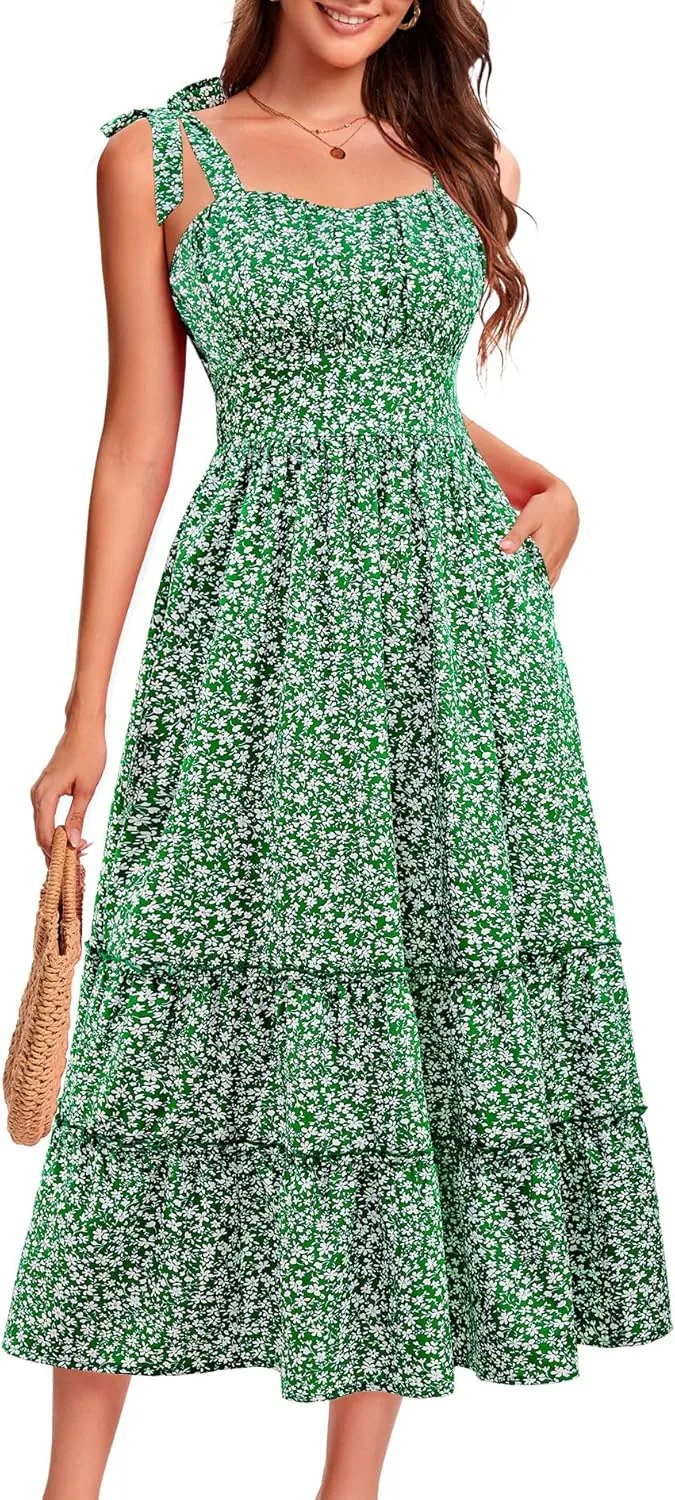 BeryLove Women's Floral Sundresses 2025 Spaghetti Strap Summer Midi Wedding Guest Dress