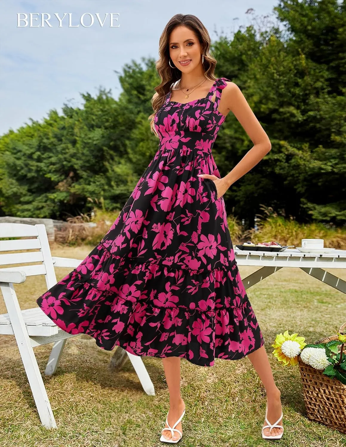 BeryLove Women's Floral Sundresses 2025 Spaghetti Strap Summer Midi Wedding Guest Dress