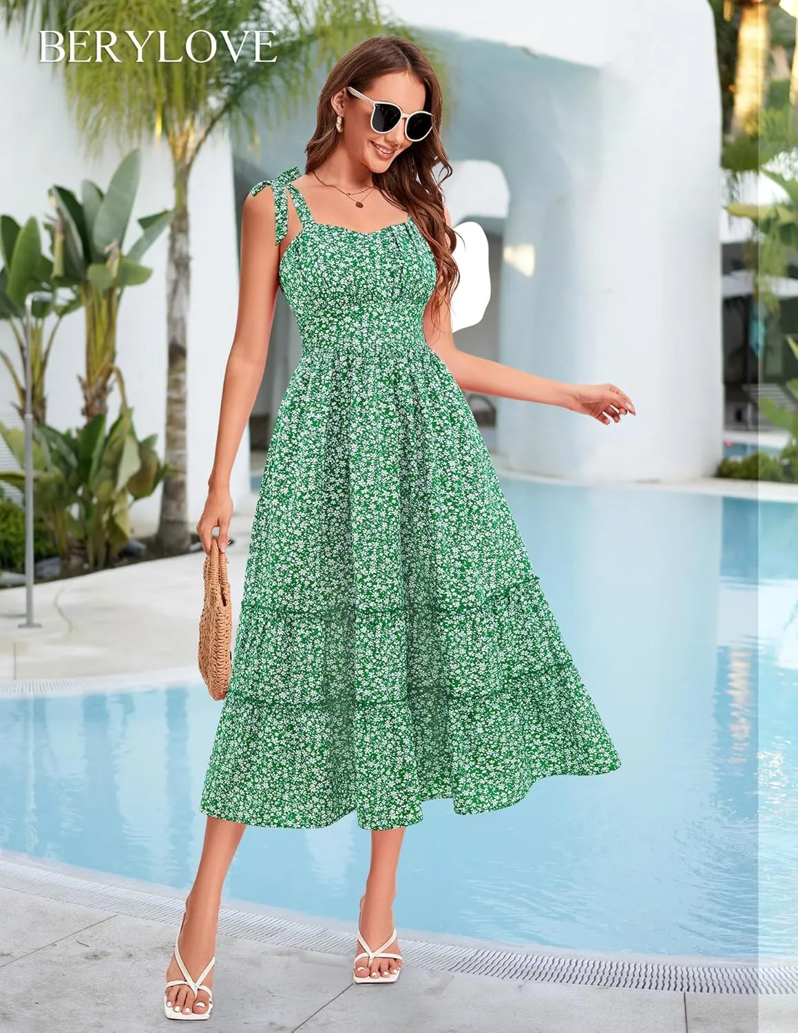 BeryLove Women's Floral Sundresses 2025 Spaghetti Strap Summer Midi Wedding Guest Dress