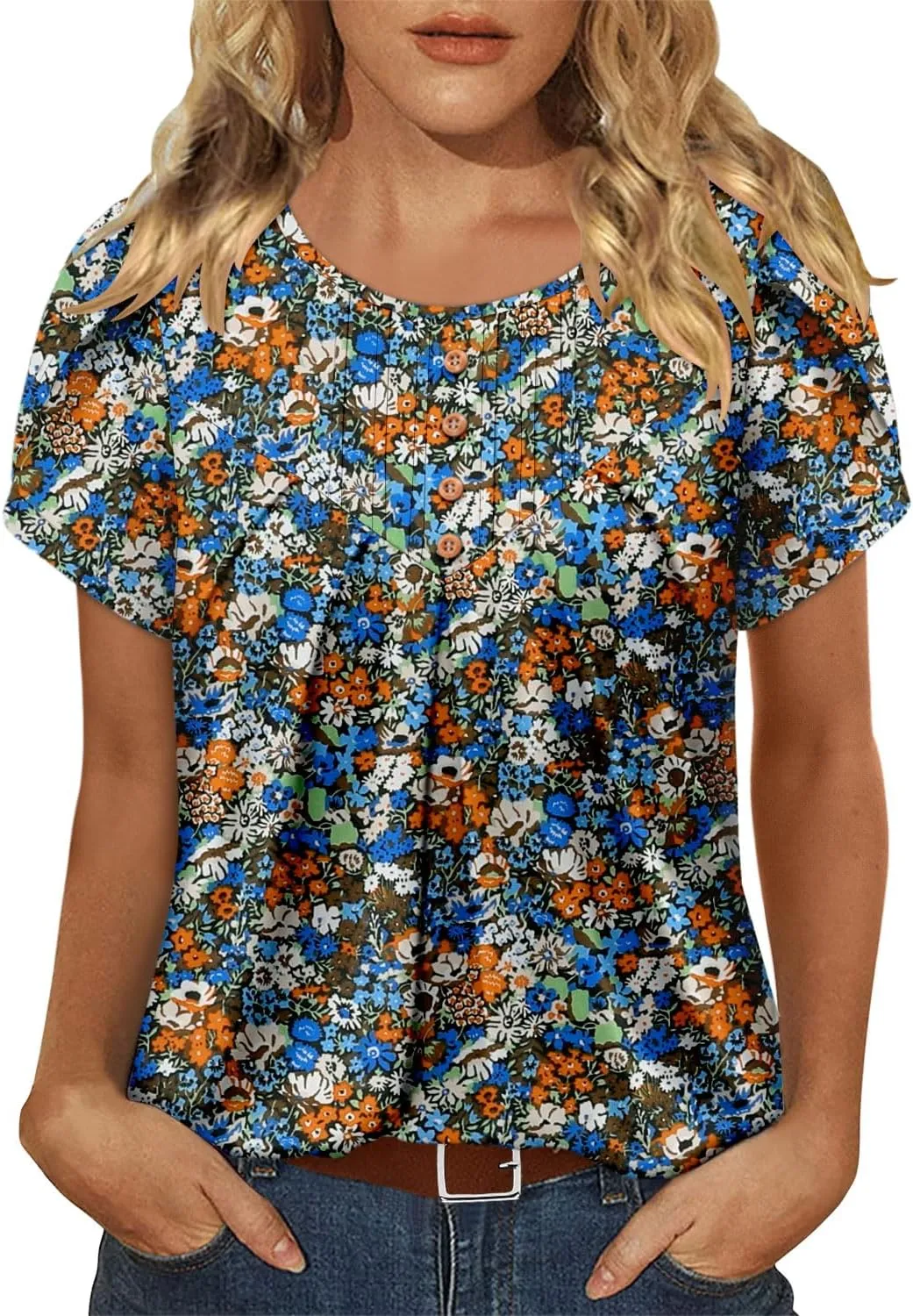 BETTE BOUTIK Womens Crewneck Short Sleeve Summer Tops Pleated Tunic Shirts S-3XL
