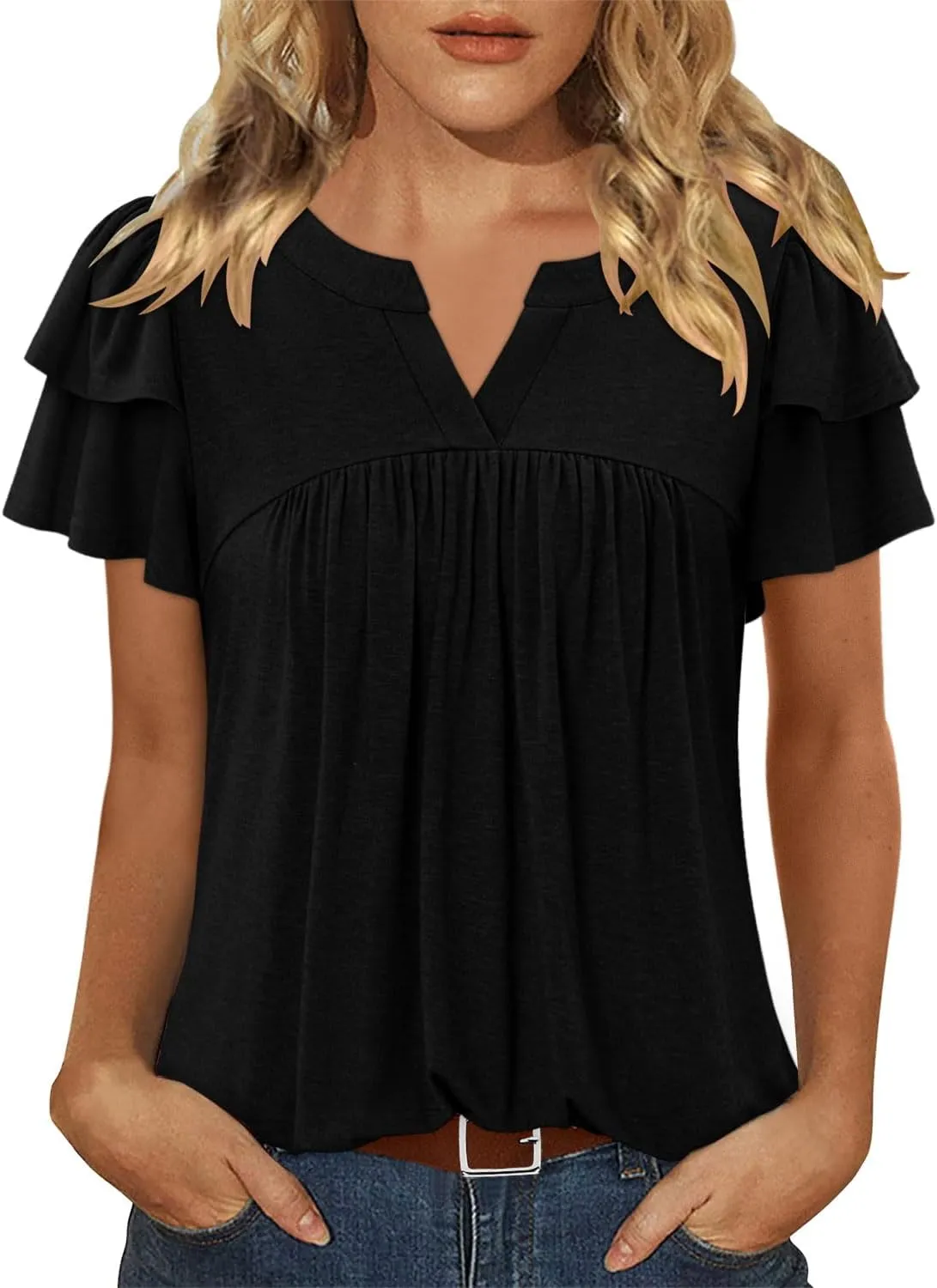 BETTE BOUTIK Womens Crewneck Short Sleeve Summer Tops Pleated Tunic Shirts S-3XL