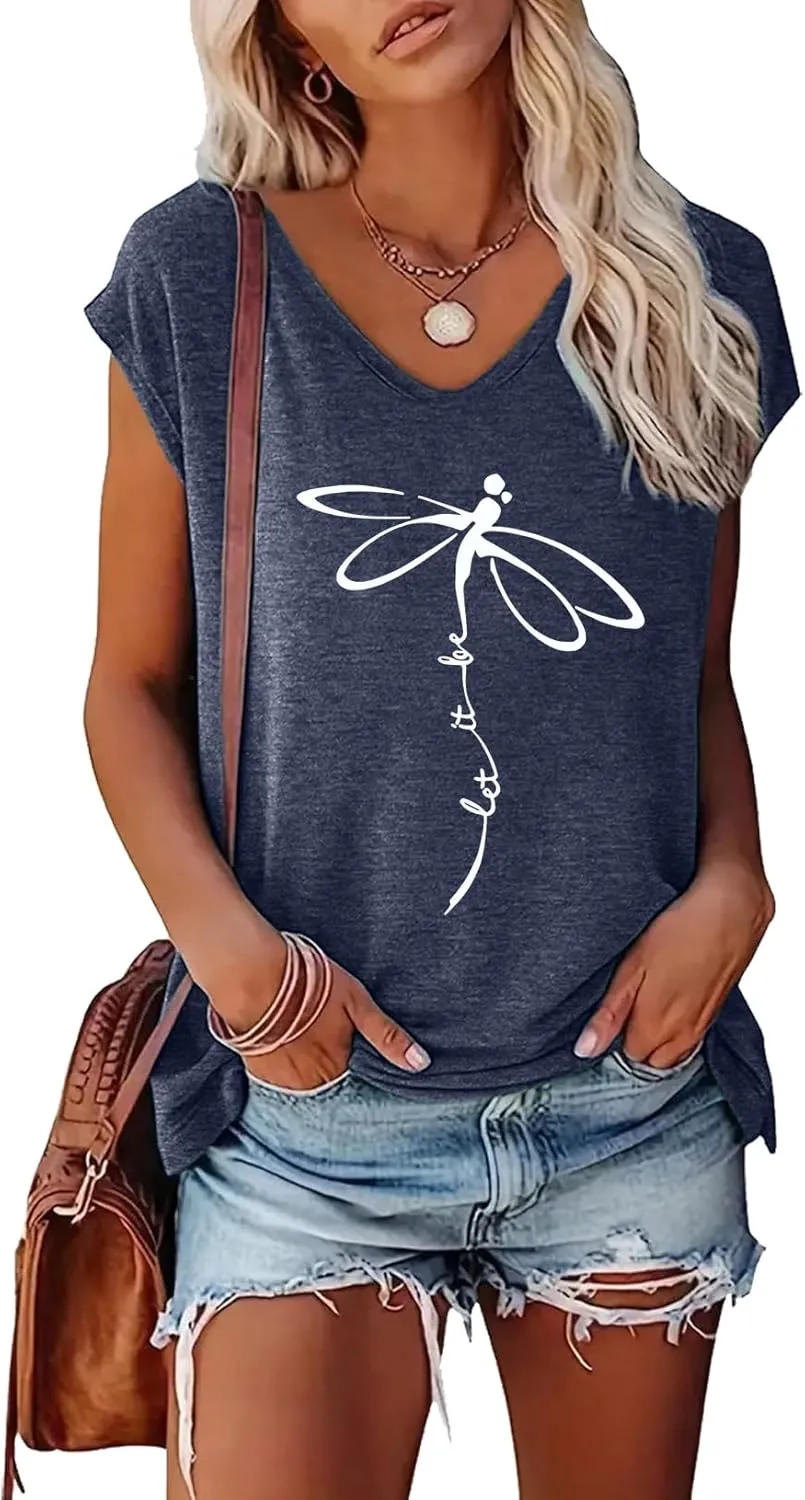 BLACKOO Women's V-Neck Dragonfly T-Shirt Cap Sleeve Tees