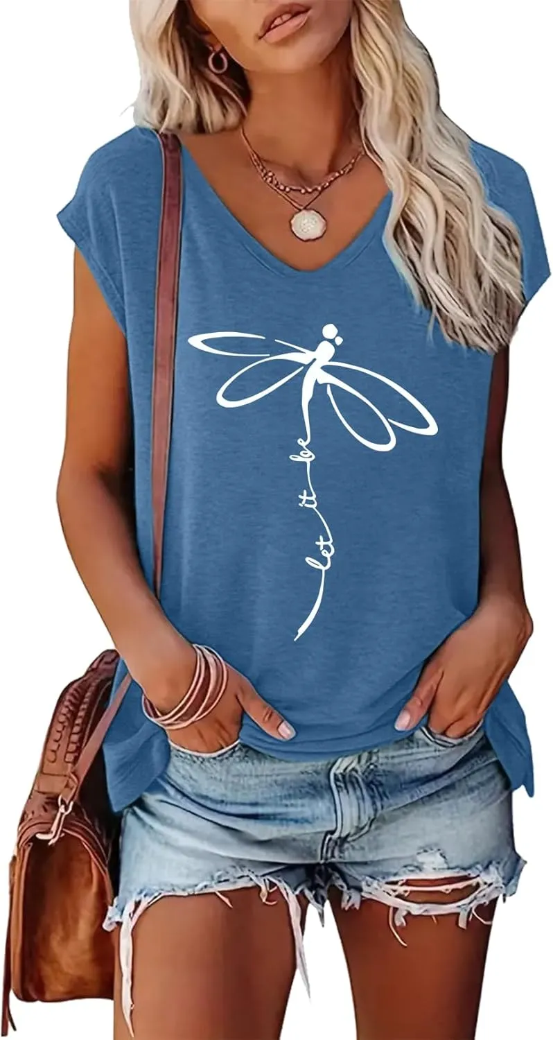 BLACKOO Women's V-Neck Dragonfly T-Shirt Cap Sleeve Tees
