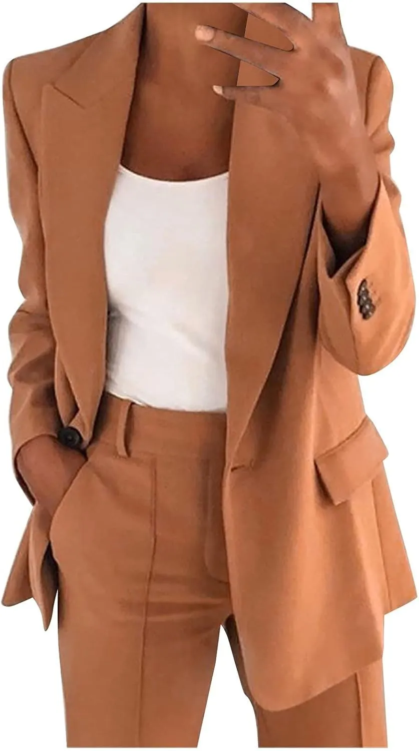 Blazer Sets Women 2 Piece Outfits Business Casual Jackets Plus Size Cardigan Coat Pockets Long Pants Suit