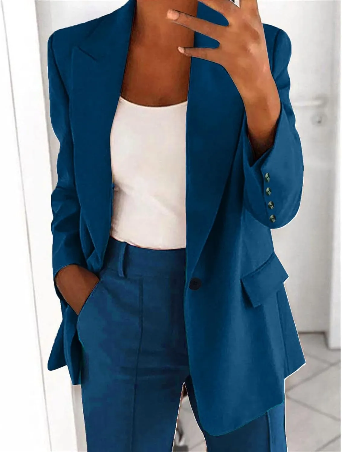 Blazer Sets Women 2 Piece Outfits Business Casual Jackets Plus Size Cardigan Coat Pockets Long Pants Suit