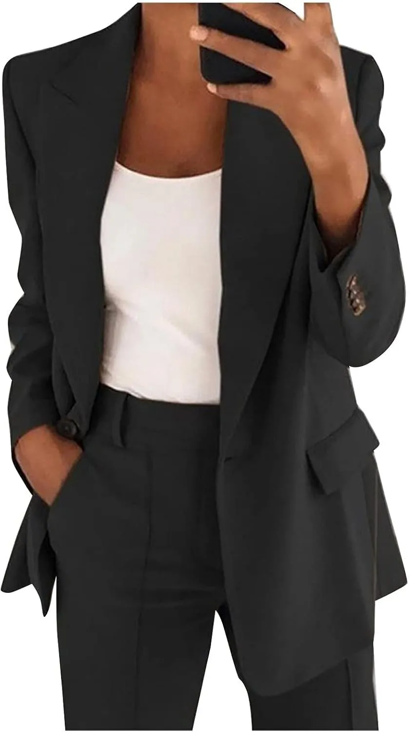 Blazer Sets Women 2 Piece Outfits Business Casual Jackets Plus Size Cardigan Coat Pockets Long Pants Suit