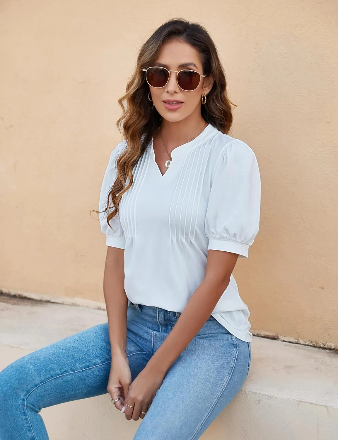 Blooming Jelly Womens Dressy Casual Tops Puff Sleeve Work Blouses Pleated V Neck T Shirts