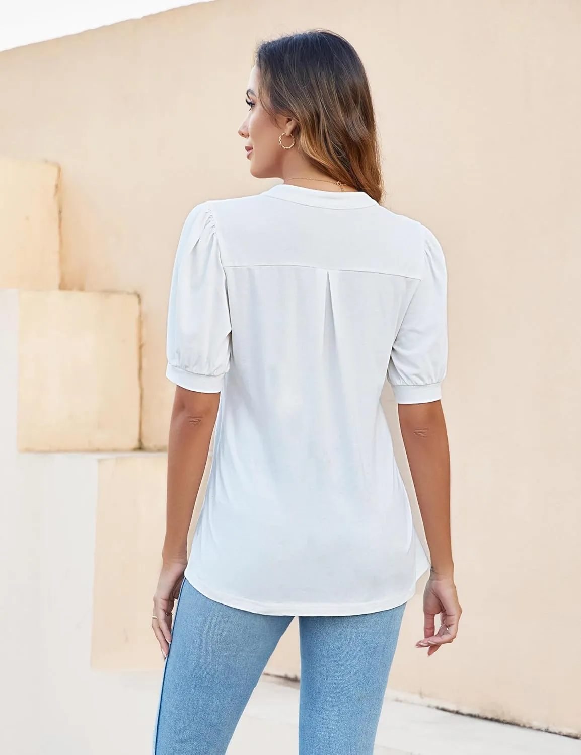 Blooming Jelly Womens Dressy Casual Tops Puff Sleeve Work Blouses Pleated V Neck T Shirts