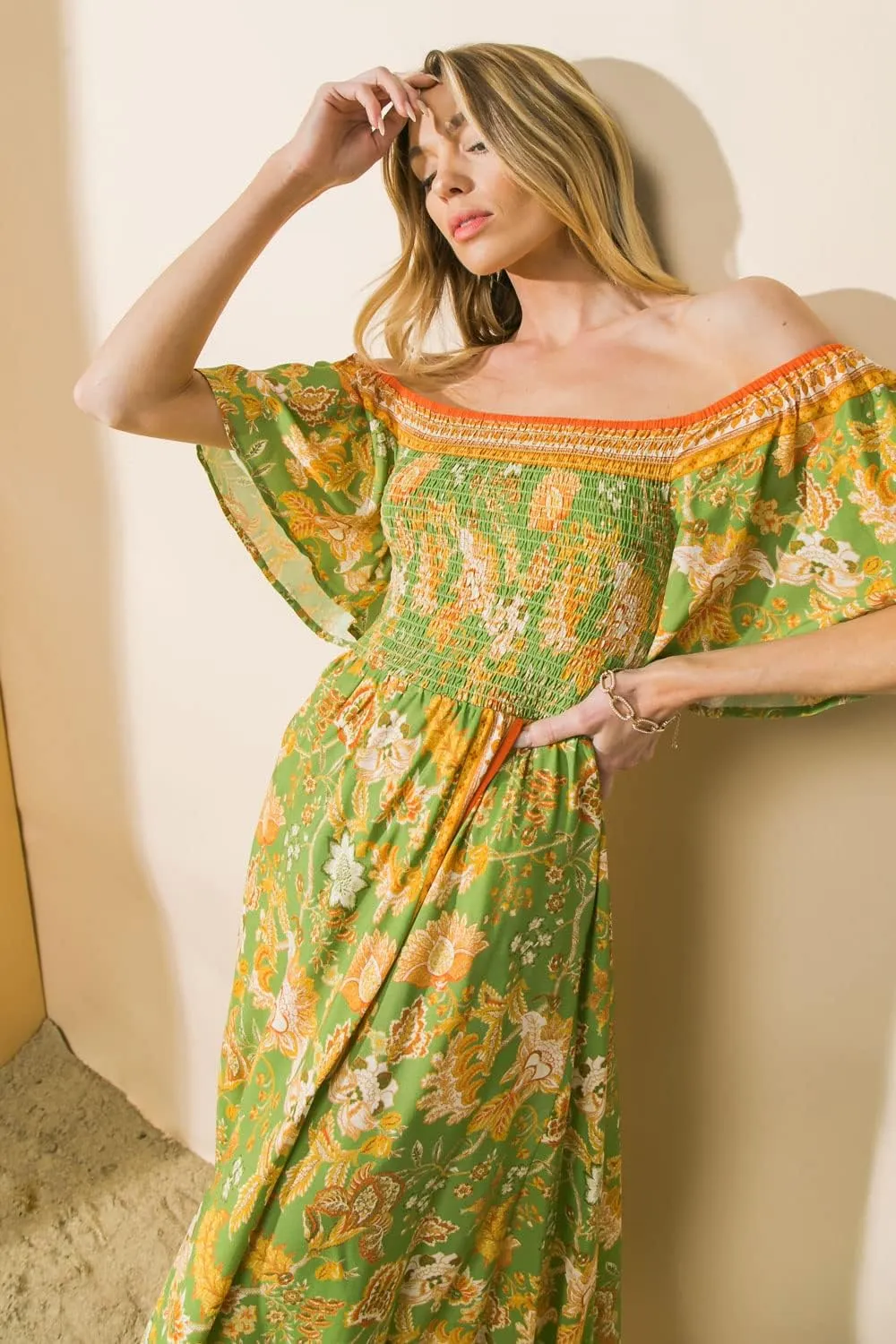 Bohemian Off Shoulder Maxi Dress - Hi Low Hem Tropical Floral Smocked Dress