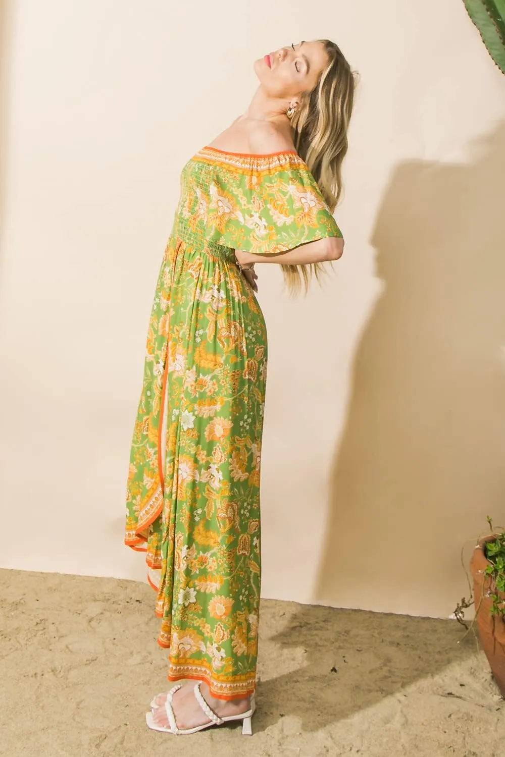 Bohemian Off Shoulder Maxi Dress - Hi Low Hem Tropical Floral Smocked Dress