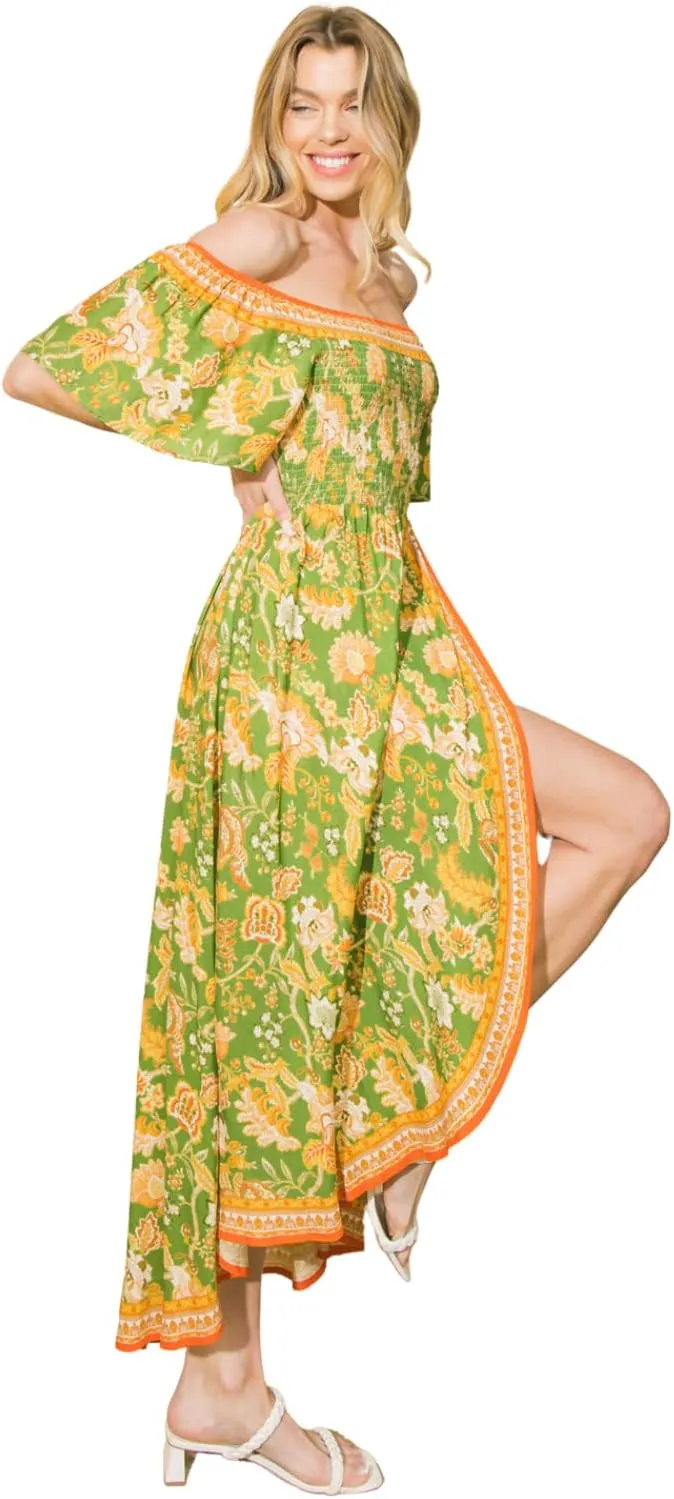 Bohemian Off Shoulder Maxi Dress - Hi Low Hem Tropical Floral Smocked Dress