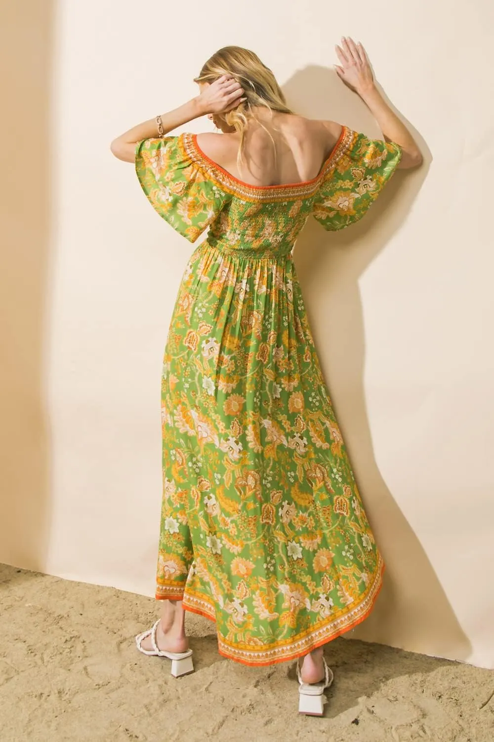 Bohemian Off Shoulder Maxi Dress - Hi Low Hem Tropical Floral Smocked Dress