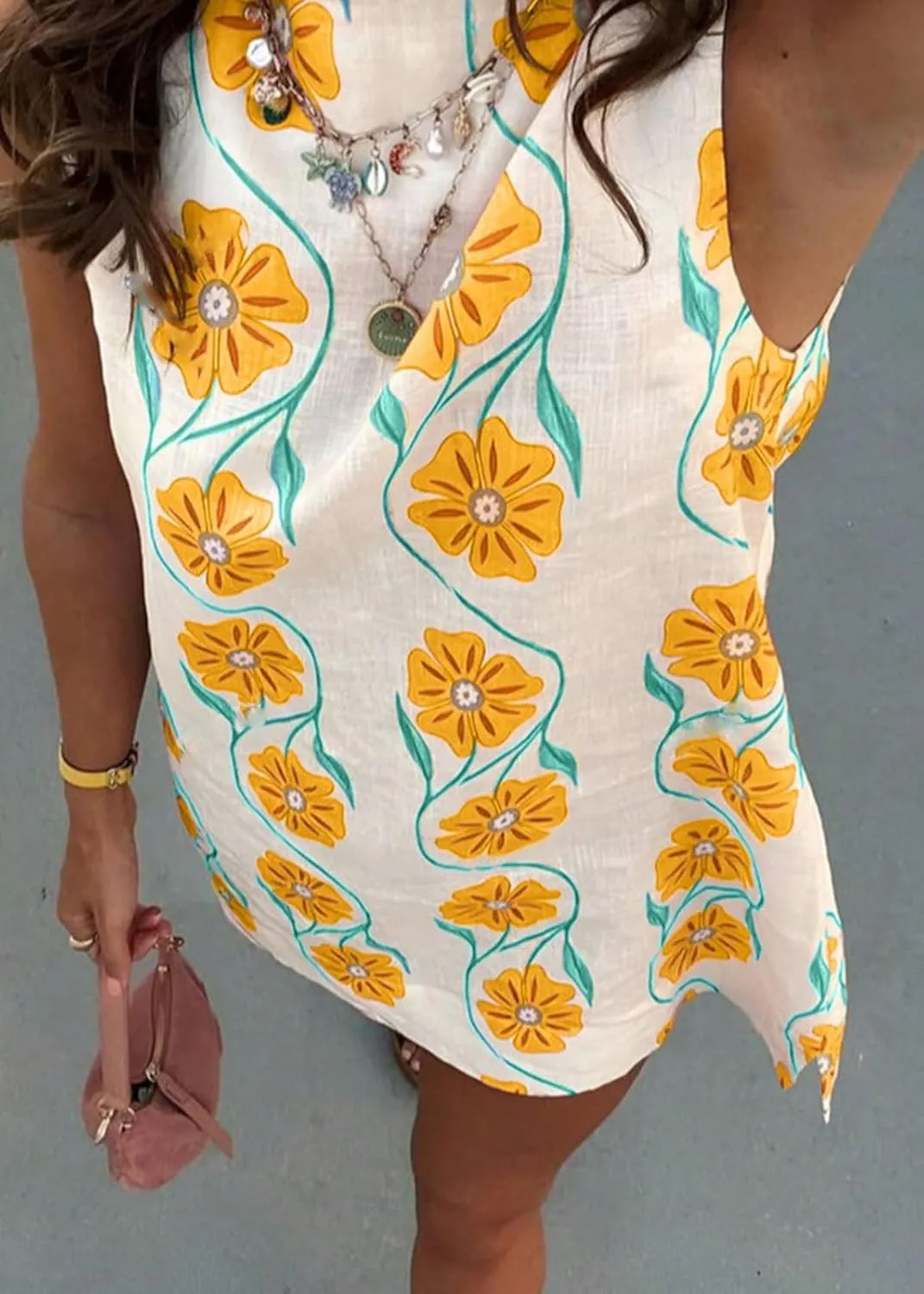 CHARTOU Women 2025 Summer Sleeveless Floral Short Shift Dress Cotton Linen Loose Tank Dress