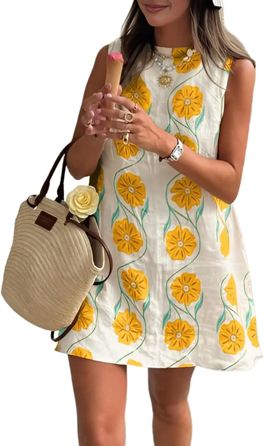 CHARTOU Women 2025 Summer Sleeveless Floral Short Shift Dress Cotton Linen Loose Tank Dress