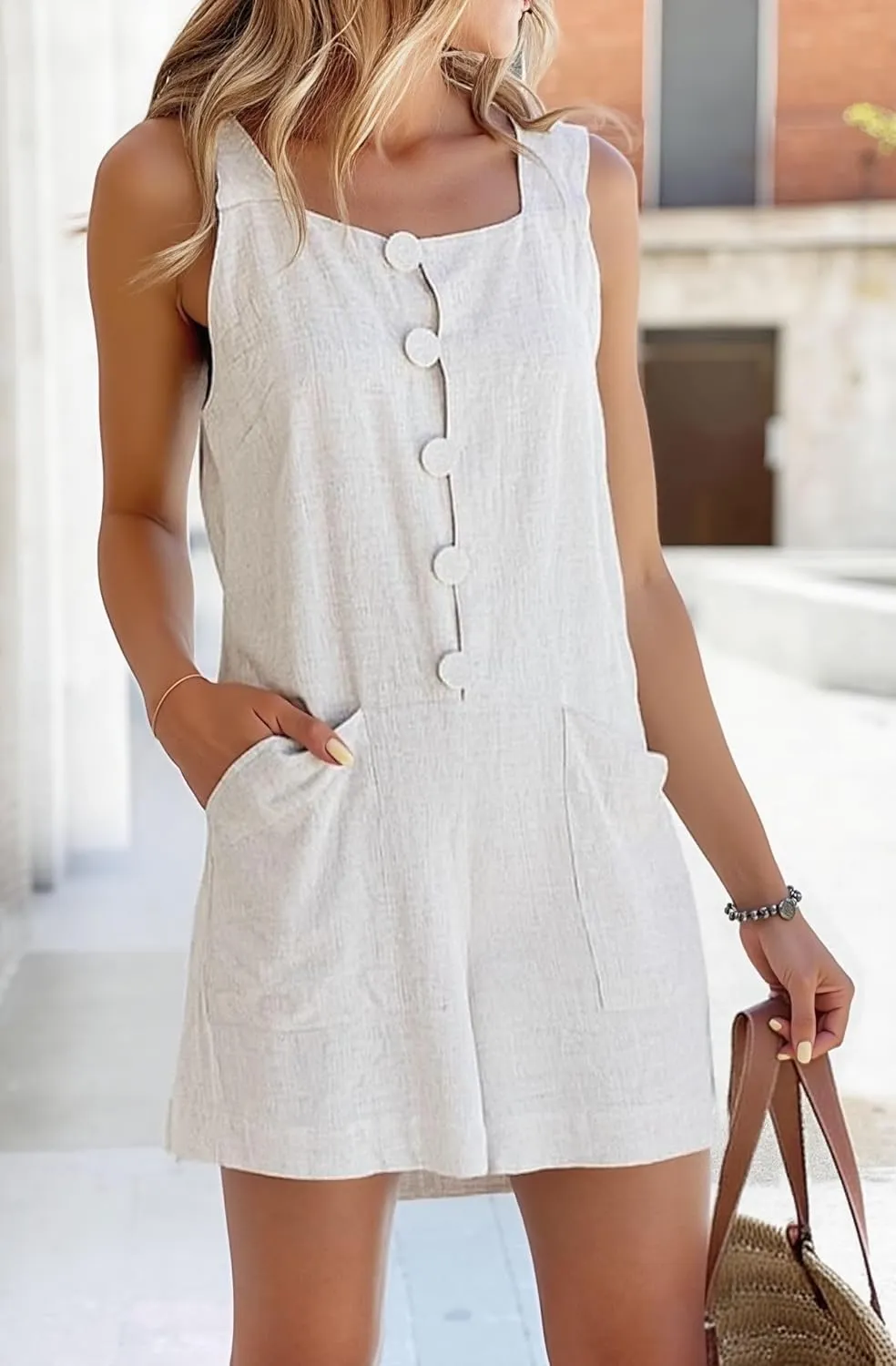 CHARTOU Women Shorts Overall Front Button Cotton Linen Summer Wide Leg Shorts Romper