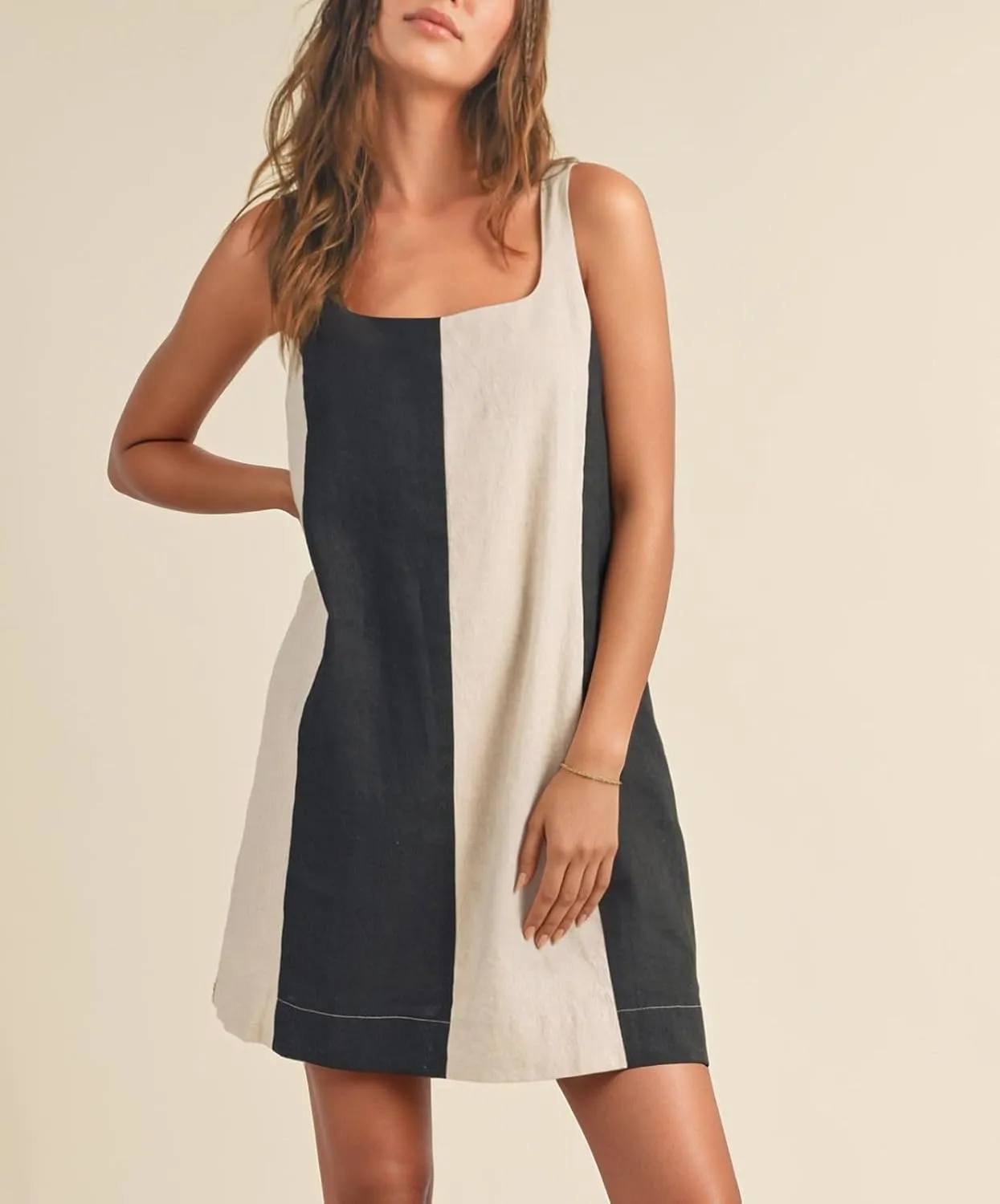 CHARTOU Women Summer Sleeveless Linen Dress Color Block Short Beach Vacation Tank Dress