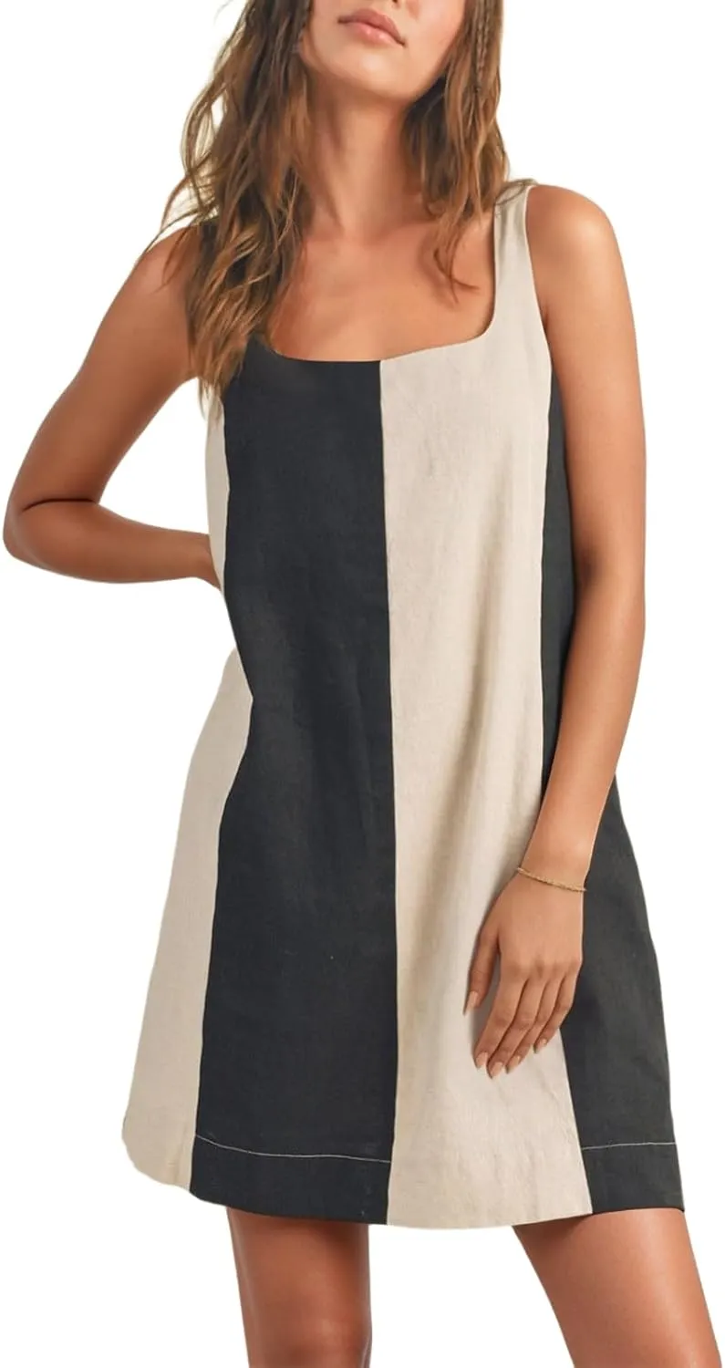 CHARTOU Women Summer Sleeveless Linen Dress Color Block Short Beach Vacation Tank Dress