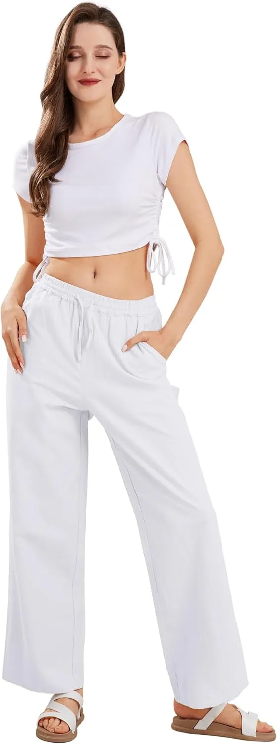 CHARTOU Women's Summer Drawstring Waist Wide Leg Loose Cotton Linen Palazzo Pants